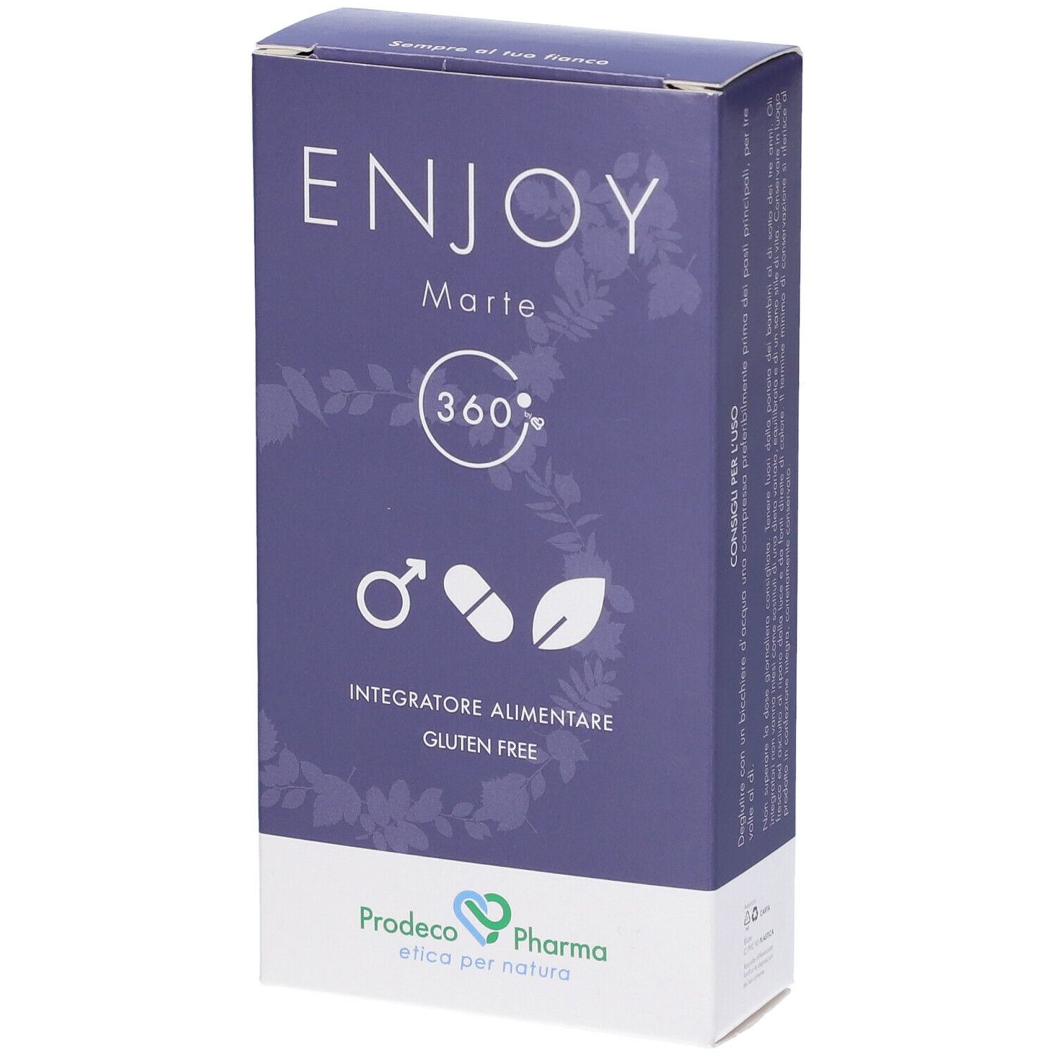 Scatola viola scuro, ENJOY Marte 360, logo, pittogrammi. Senza glutine. Marchio: Prodeco Pharma. Vista prospettica.