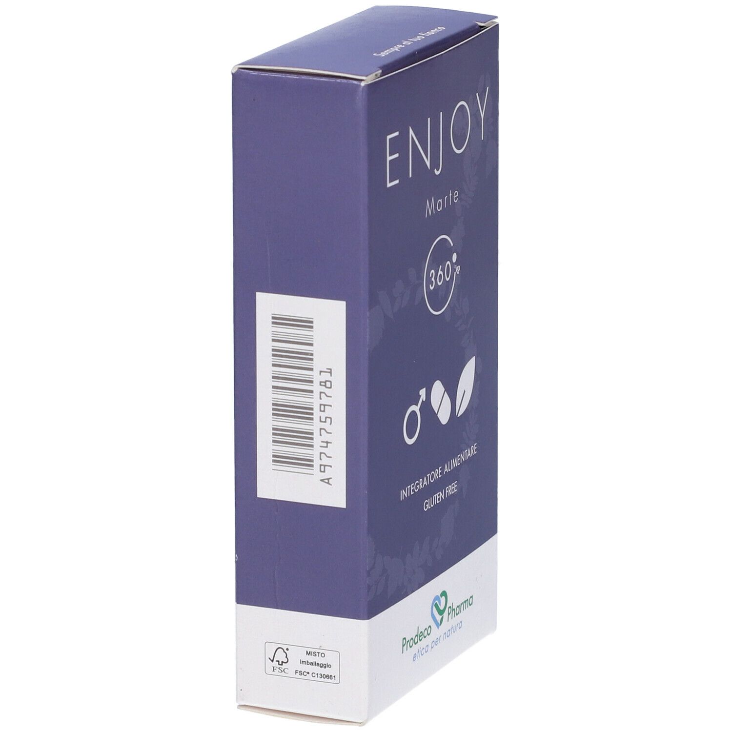 Scatola viola scuro, ENJOY Marte 360, logo, pittogrammi. Senza glutine. Marchio: Prodeco Pharma. Vista laterale.