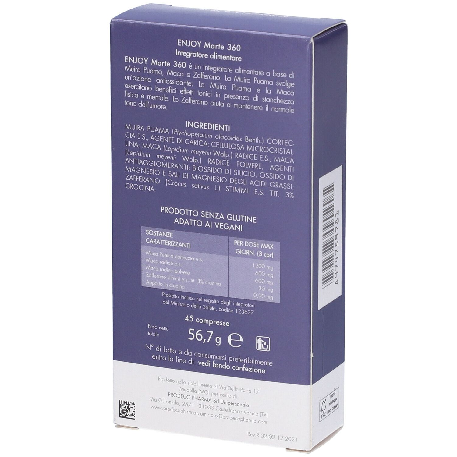 Retro della scatola viola scuro. Testo: ingredienti, informazioni nutrizionali, 45 compresse, 56,7 g. Marchio: Prodeco Pharma.