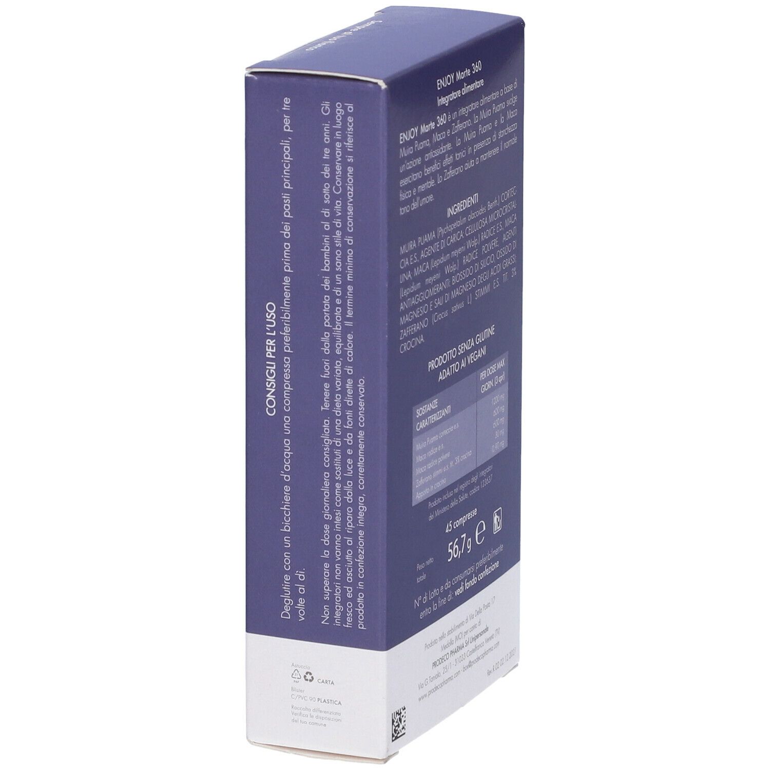 Scatola viola scuro, testo: consigli per l'uso. Marchio: Prodeco Pharma. Simboli di riciclaggio. Vista laterale.