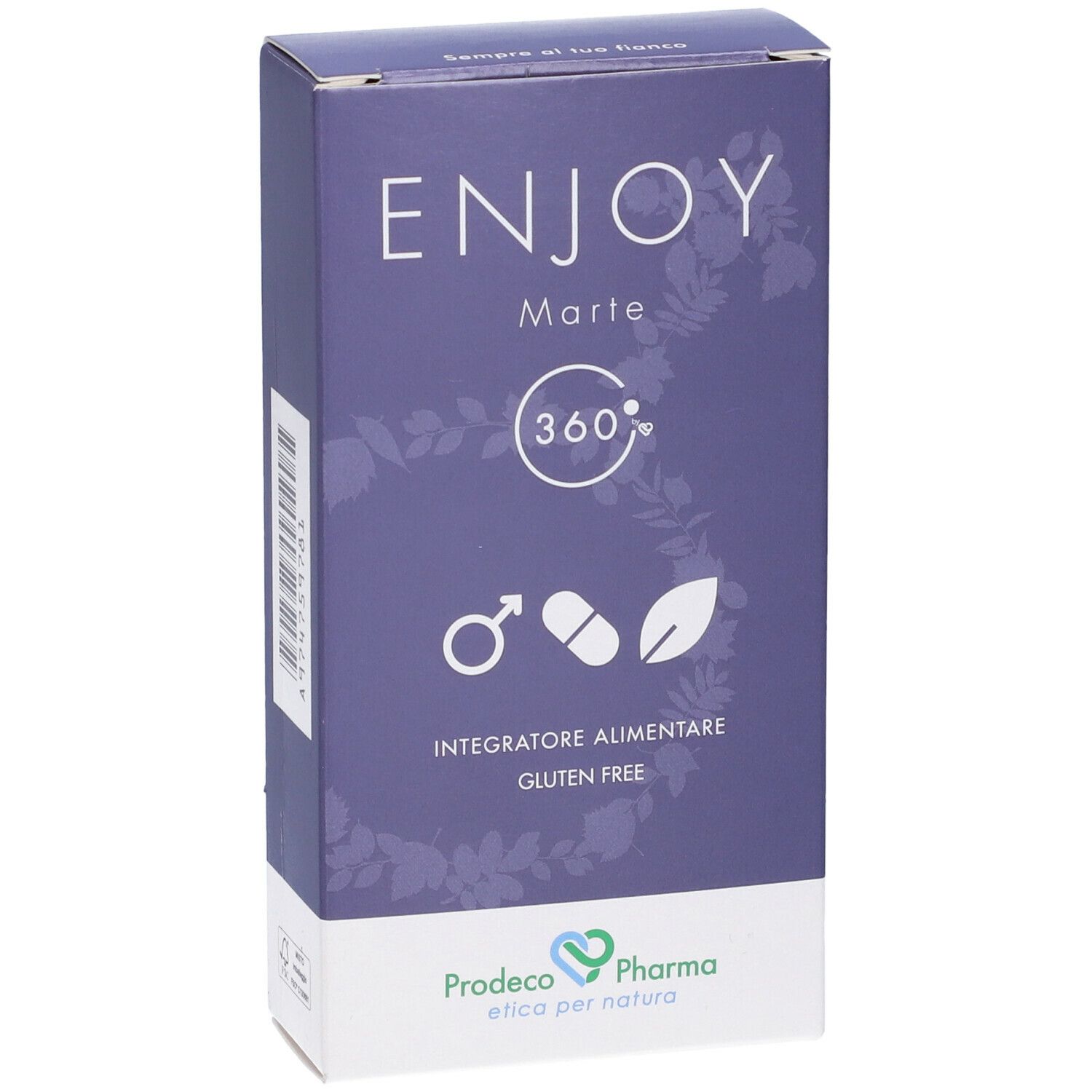 Scatola viola scuro con testo bianco: ENJOY Marte 360, logo, pittogrammi. Senza glutine. Marchio: Prodeco Pharma.