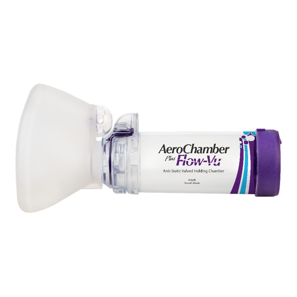 AeroChamber Plus Flow-Vu. Dispositivo medico con maschera e boccaglio. Bianco, trasparente e viola.