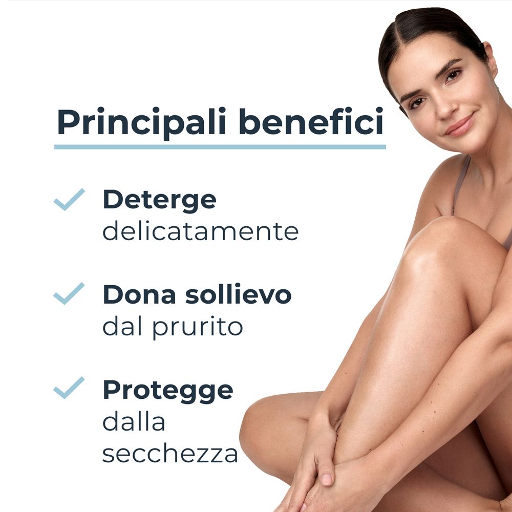 Donna con gamba. Testo: Principali benefici: Deterge delicatamente, dona sollievo dal prurito, protegge dalla secchezza.