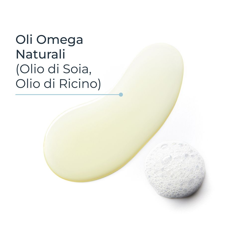 Olio su sfondo bianco. Testo: Oli Omega naturali (olio di soia, olio di ricino).