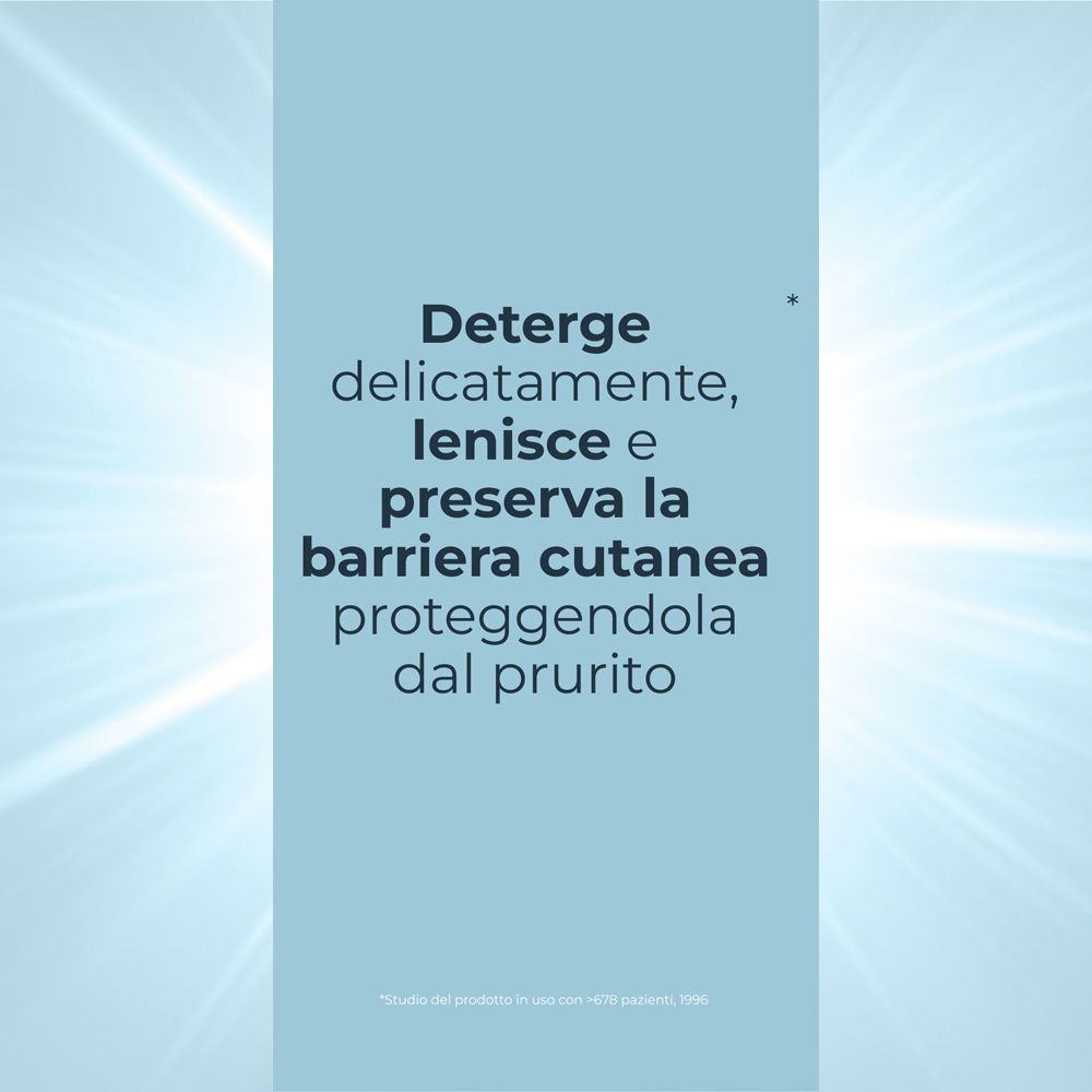 Testo su sfondo blu: Deterge delicatamente, lenisce e preserva la barriera cutanea.