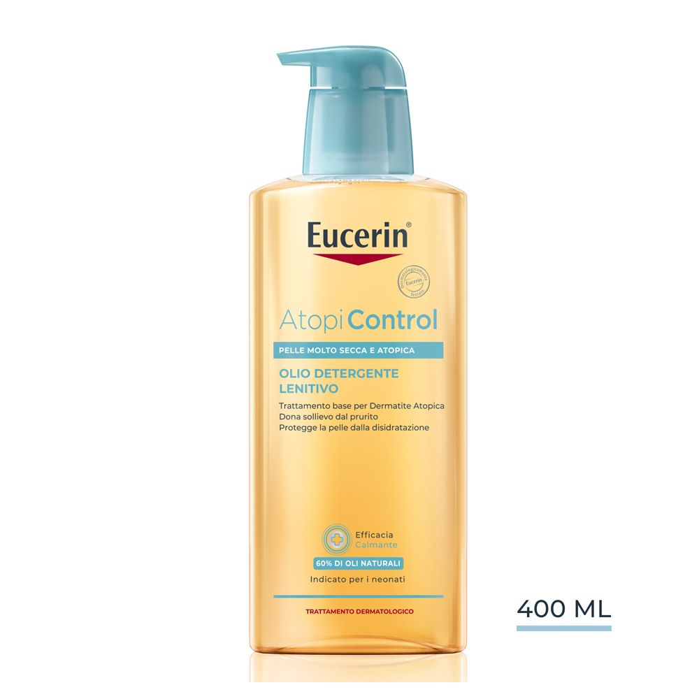 Eucerin AtopiControl olio detergente. Flacone con dosatore blu. 400 ml.
