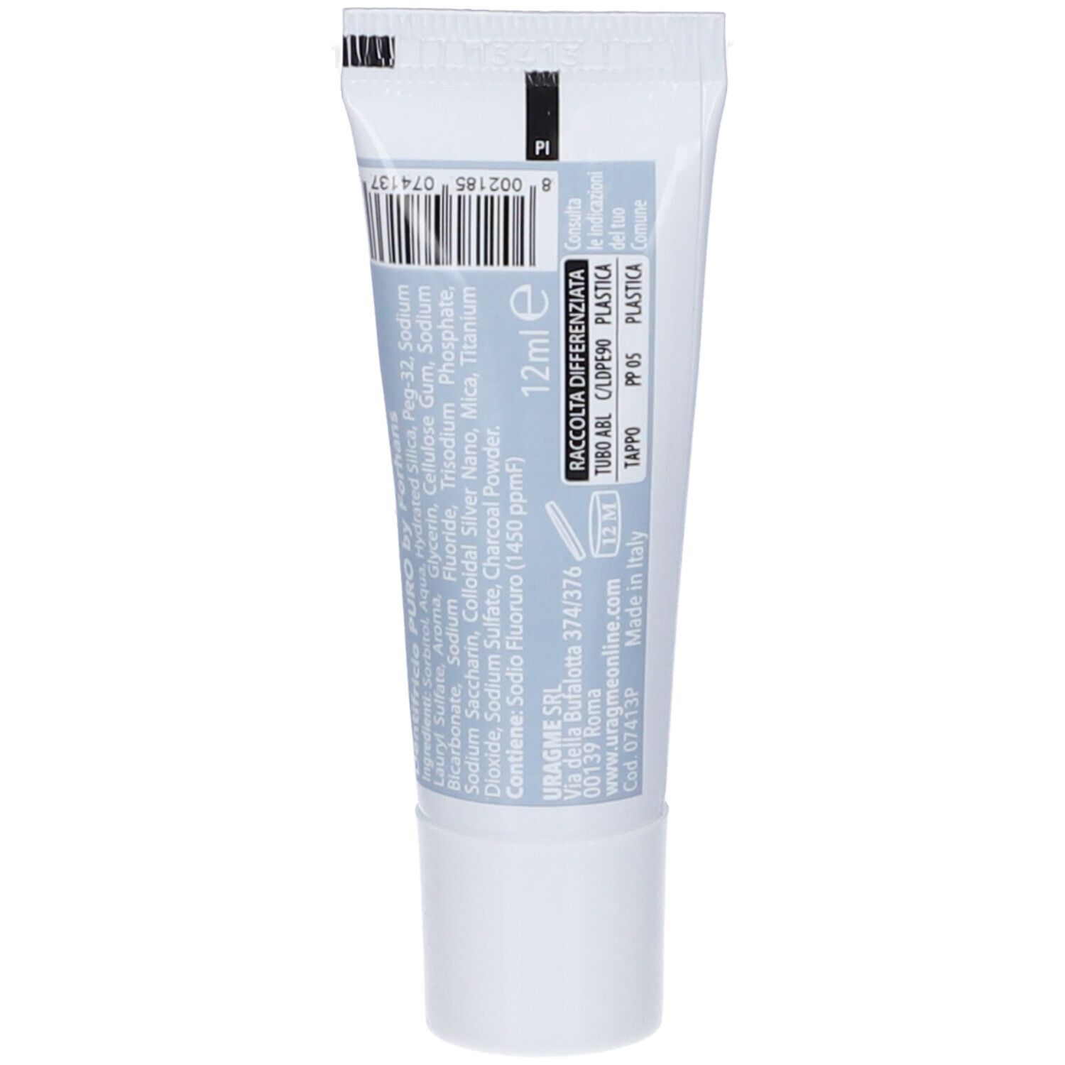 Rückseite der Zahnpasta-Tube. Enthält Inhaltsstoffe, Barcode und Text. '12ml' und Recycling-Symbole.