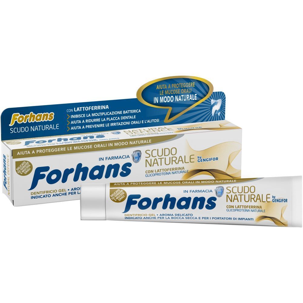 Tubo e scatola di dentifricio. Scritto: Forhans Scudo Naturale con Lattoferrina. Dentifricio gel, aroma delicato.