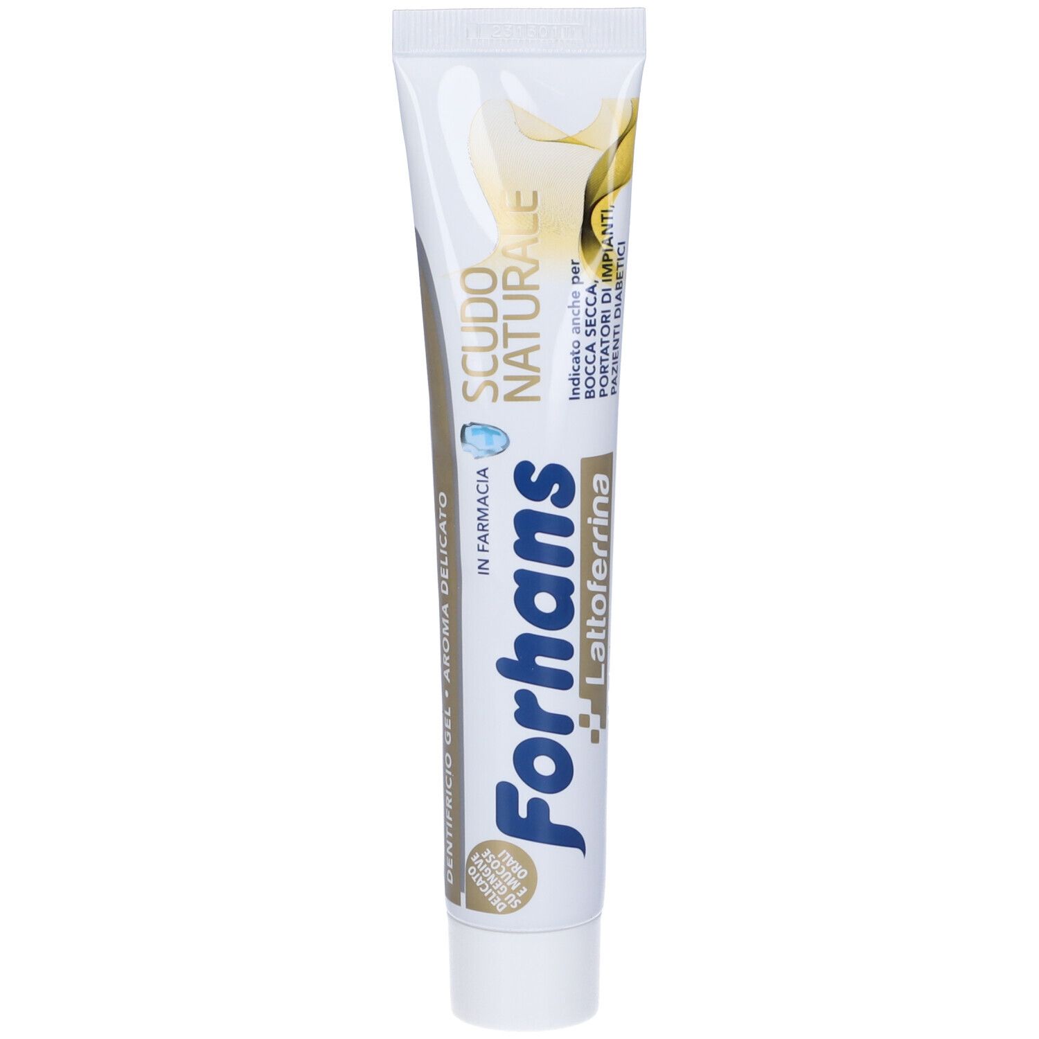 Tubo di dentifricio. Scritto: Forhans Scudo Naturale con Lattoferrina. Dentifricio gel, aroma delicato.