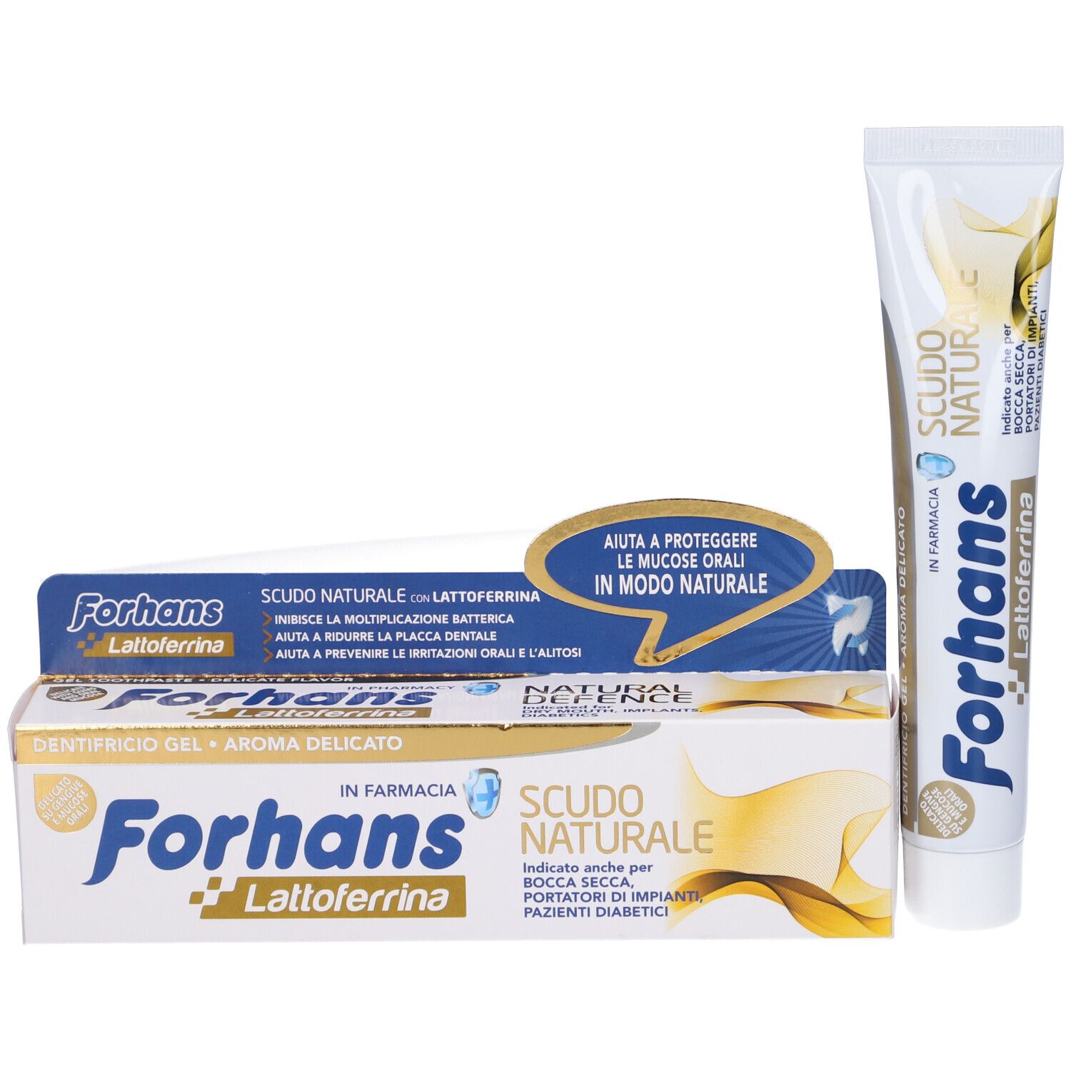 Tubo e scatola di dentifricio. Scritto: Forhans Scudo Naturale con Lattoferrina. Dentifricio gel, aroma delicato.
