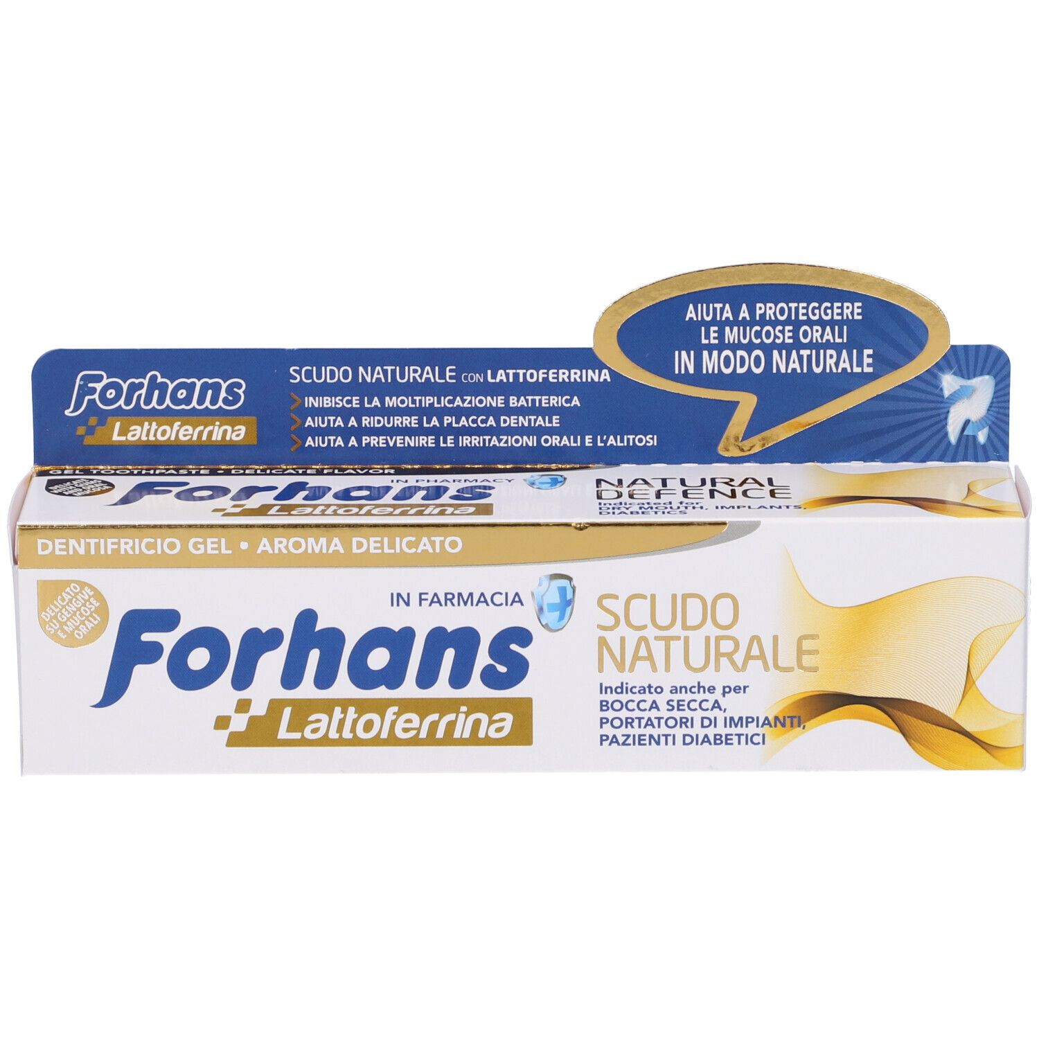 Scatola di dentifricio. Scritto: Forhans Scudo Naturale con Lattoferrina. Dentifricio gel, aroma delicato.