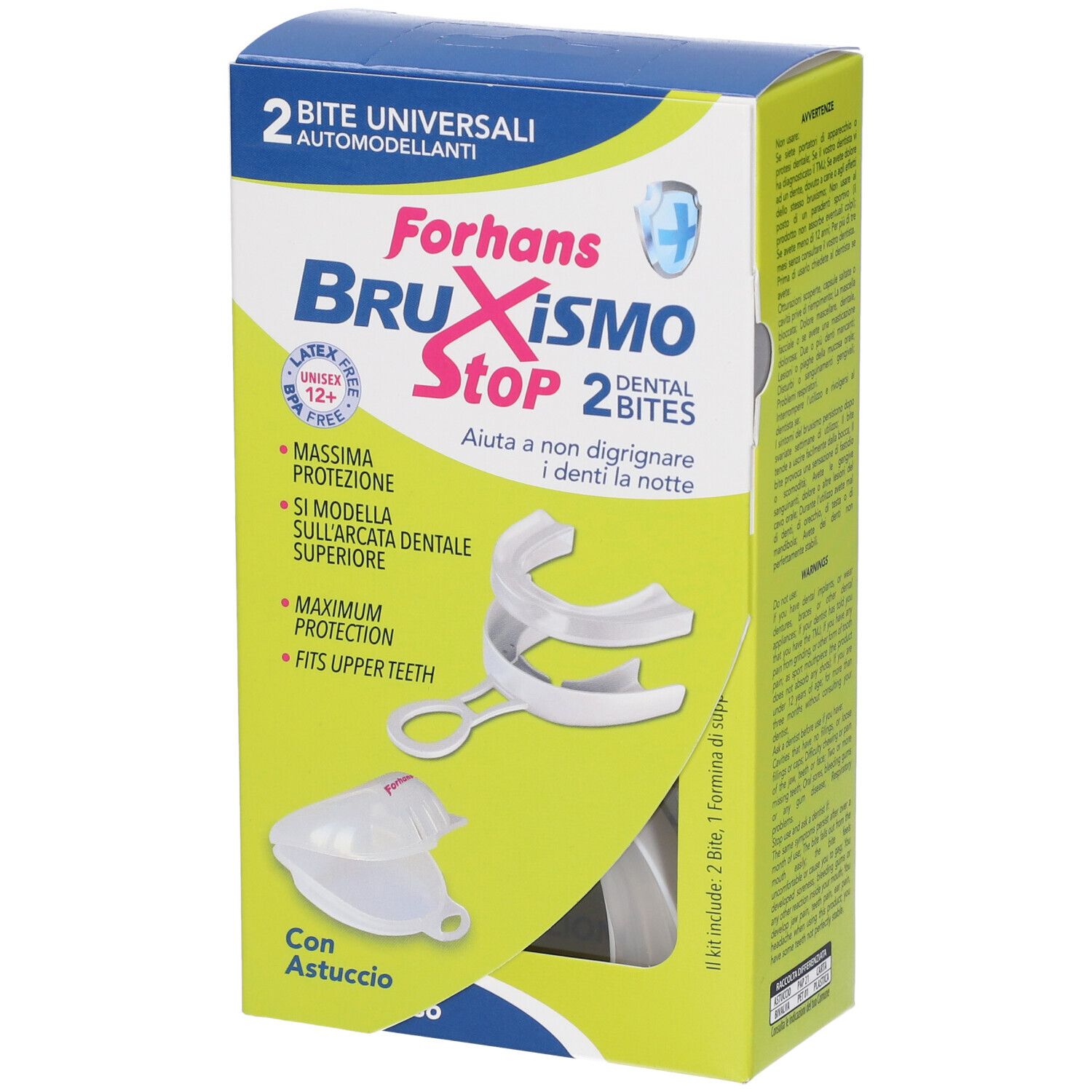 Verpackung für Forhans Bruxismo Stop Zahnschienen. Enthält 2 universelle, selbstformende Bissschienen und ein Etui.