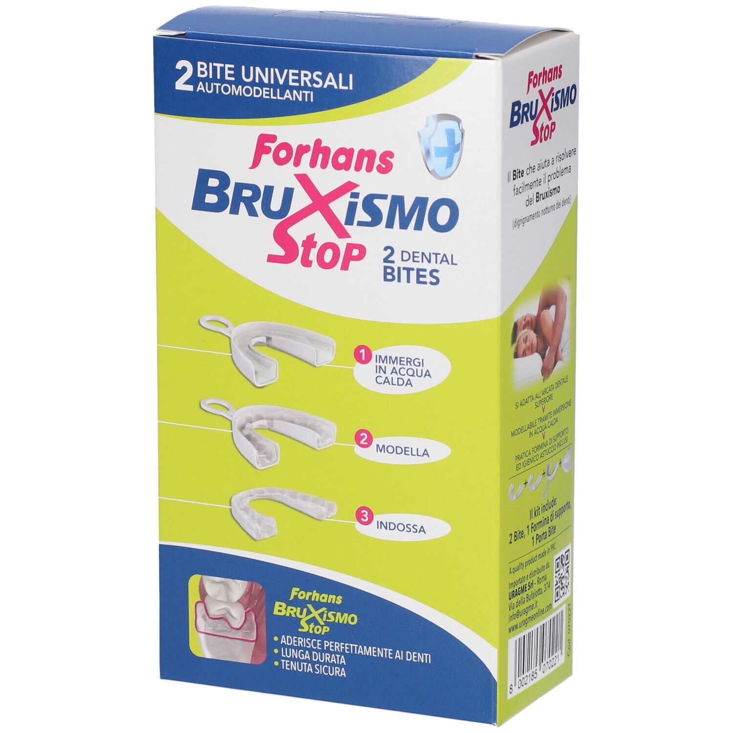 Verpackung für Forhans Bruxismo Stop, 2 universelle, selbstformende Dental Bites.