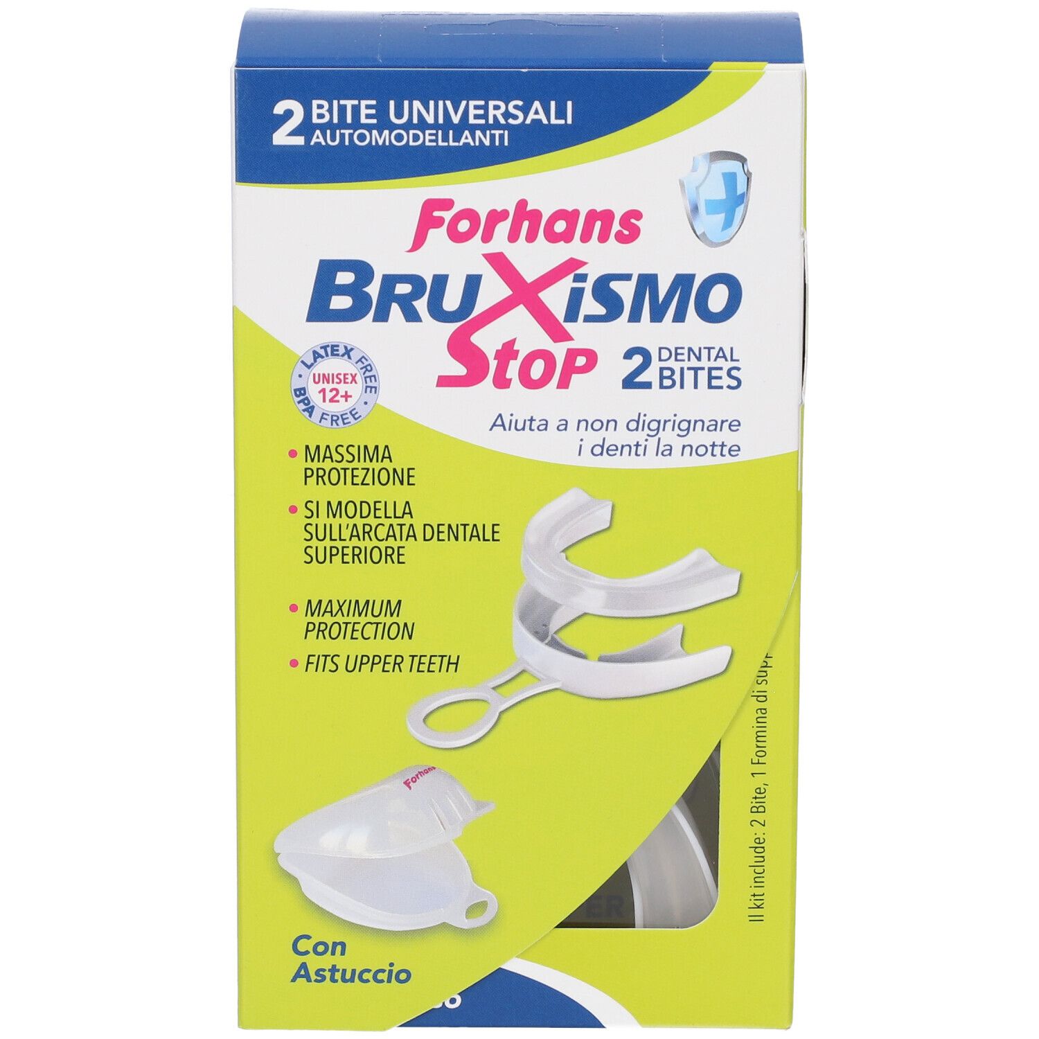 Verpackung für Forhans Bruxismo Stop Dental Bites, 2 universelle, selbstformende Bissschienen.