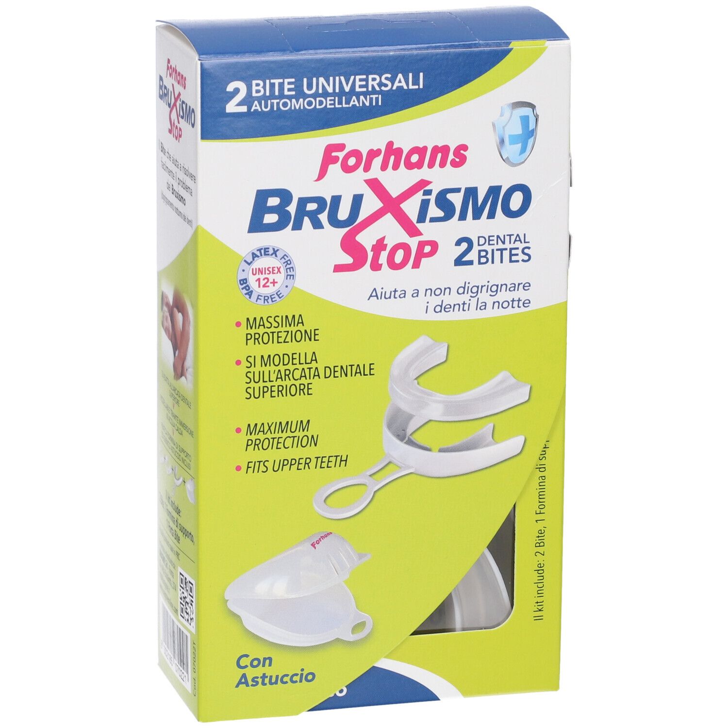 Verpackung für Forhans BRUXismo Stop 2 BITES Dental. Enthält 2 universelle, selbstformende Beißschienen und eine Aufbewahrungsbox.