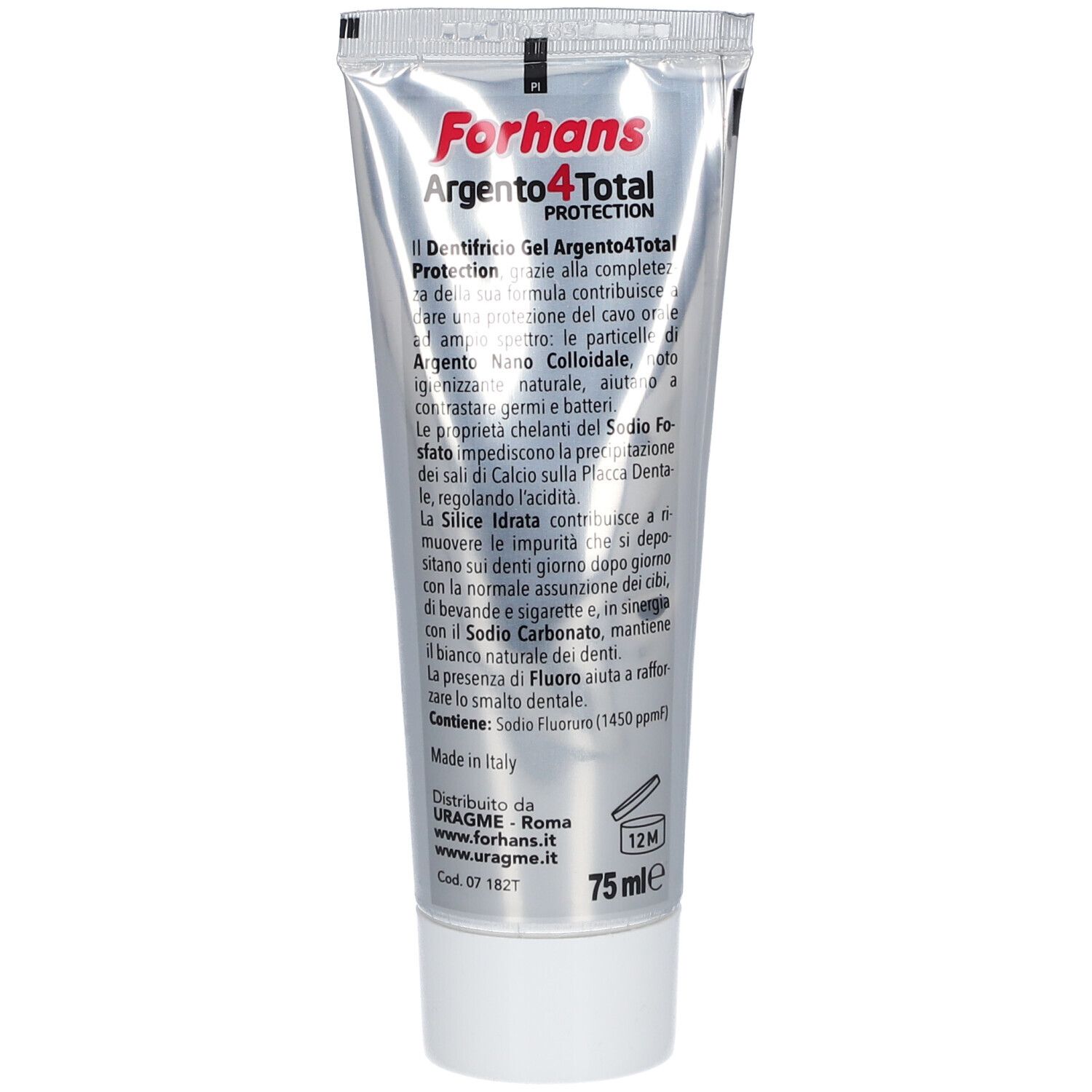 Rückseite der Forhans Argento4Total Protection Zahnpasta-Tube. Text in italienischer Sprache. Enthält Fluorid.