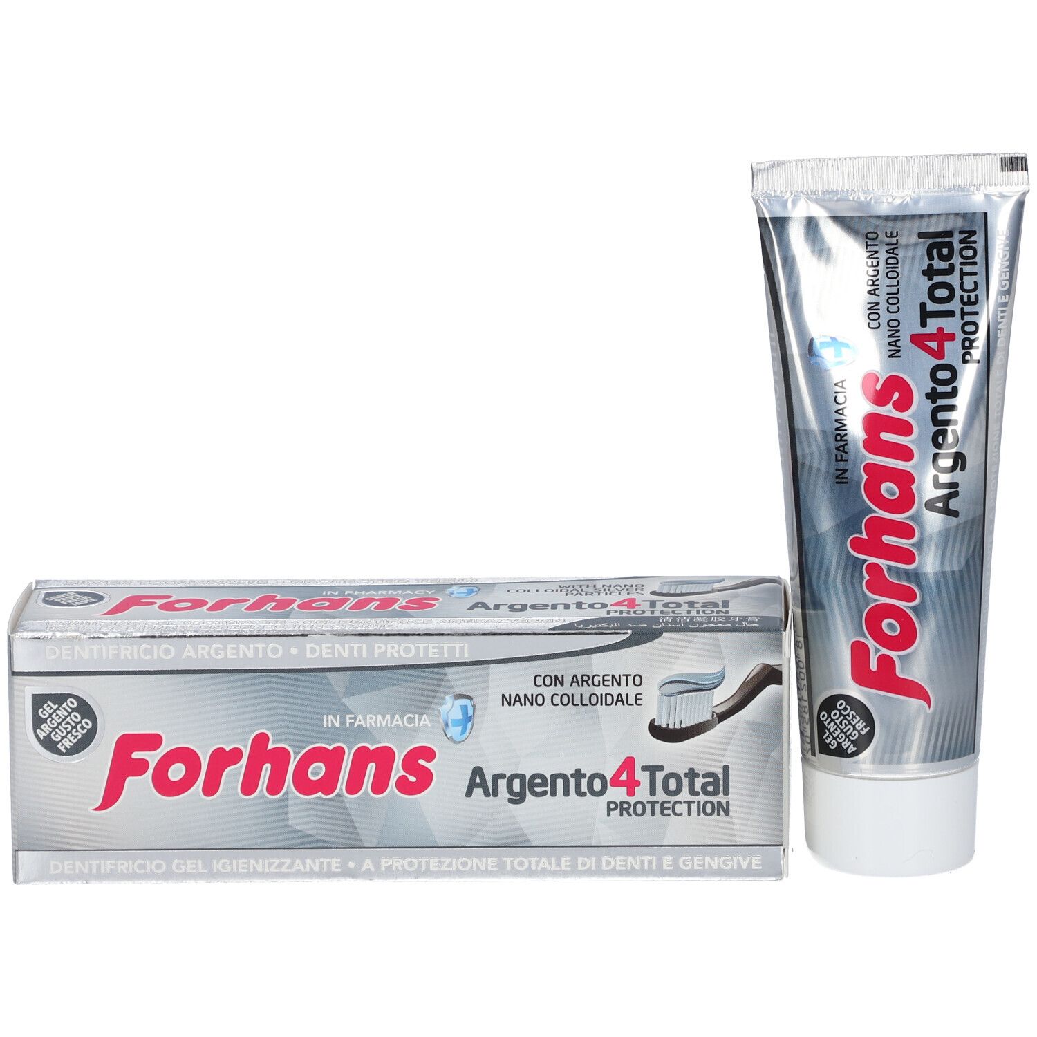Forhans Argento4Total Protection Zahnpasta und Schachtel. Silberne Verpackung mit roter Schrift. Enthält Nano-Silber.