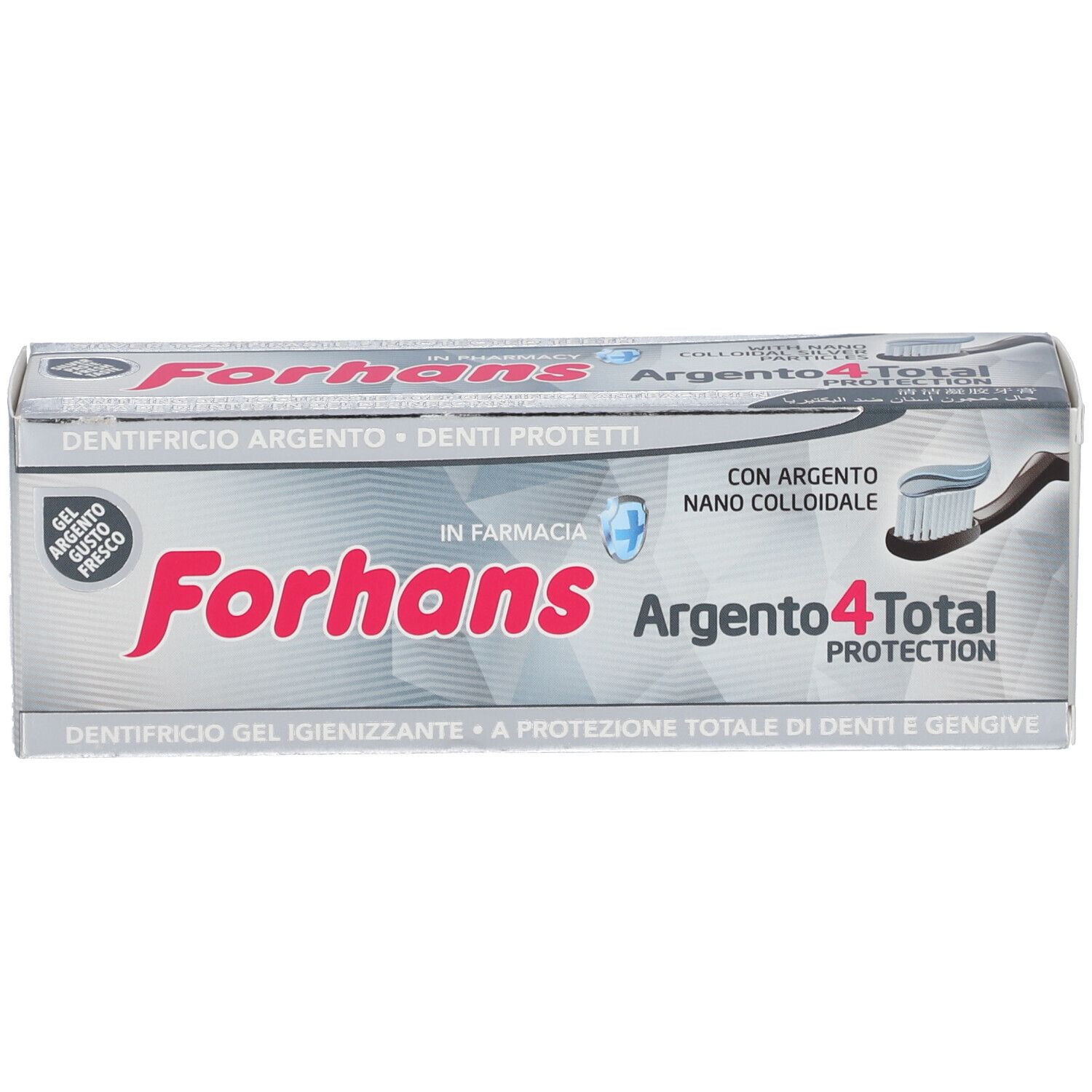 Schachtel Forhans Argento4Total Protection. Silberne Verpackung mit roter Schrift. Enthält Nano-Silber und Zahnbürste.