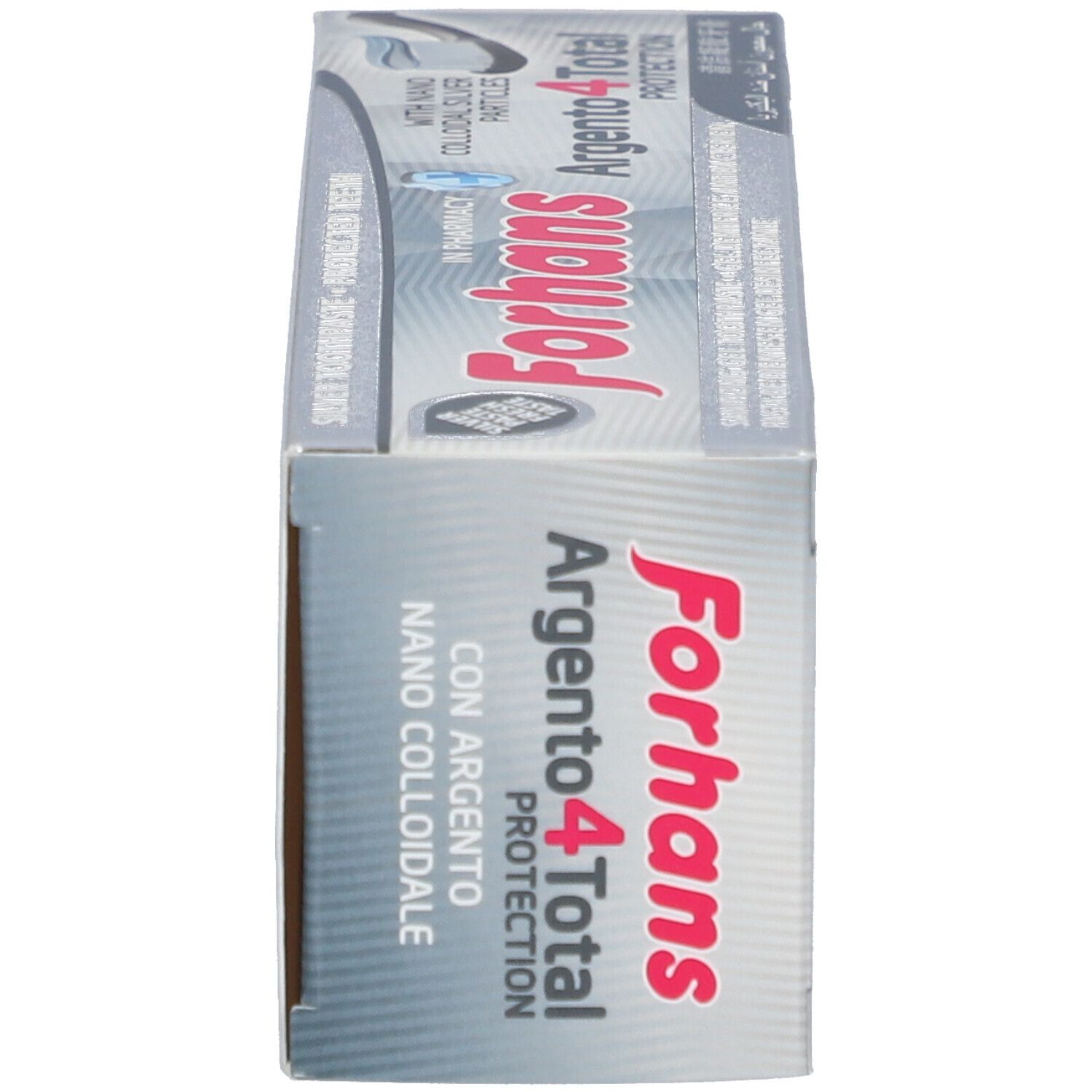 Oberseite der Schachtel Forhans Argento4Total Protection. Silberne Verpackung mit roter Schrift. Enthält Nano-Silber.