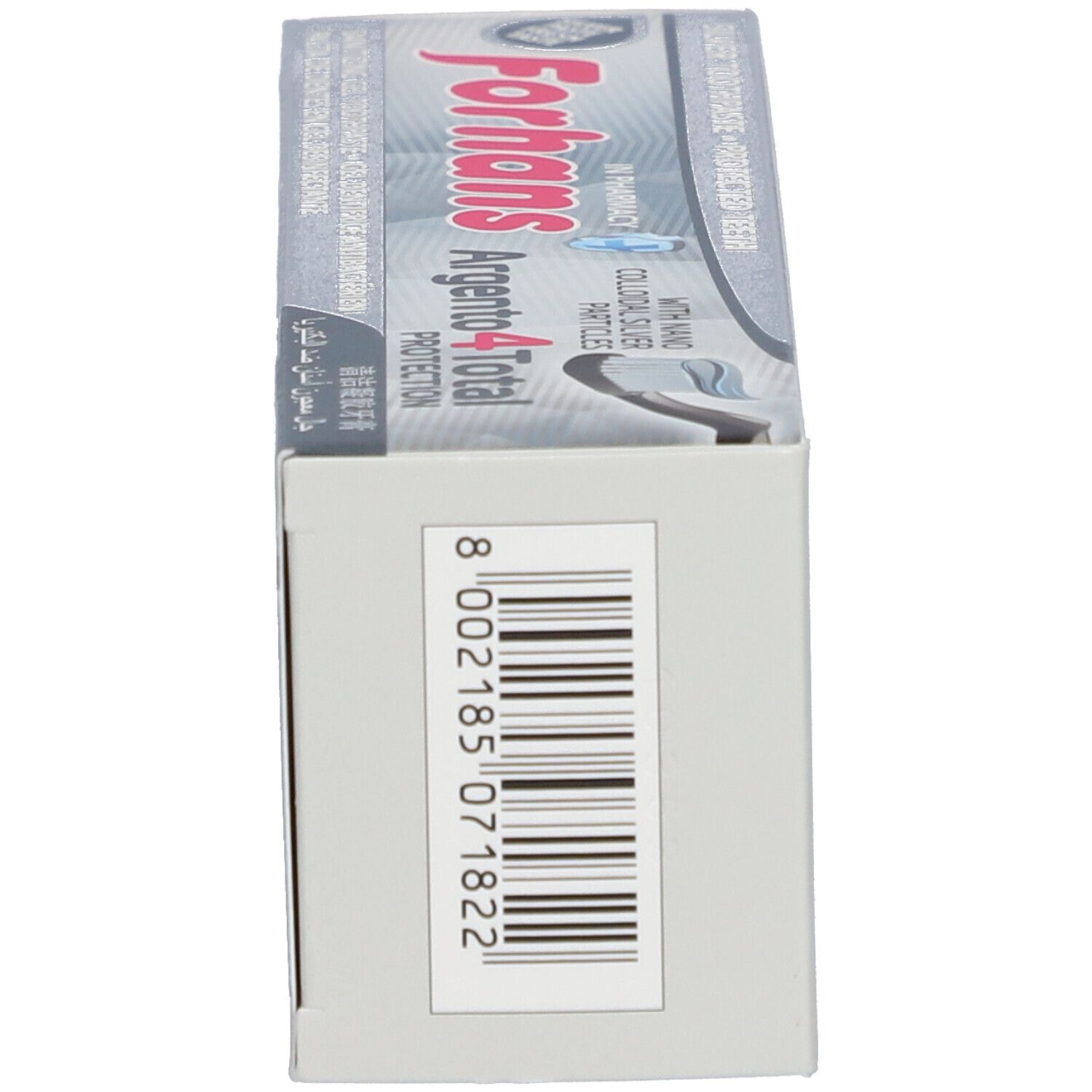 Seite der Schachtel Forhans Argento4Total Protection. Barcode und Produktinformationen. Silberne Verpackung.