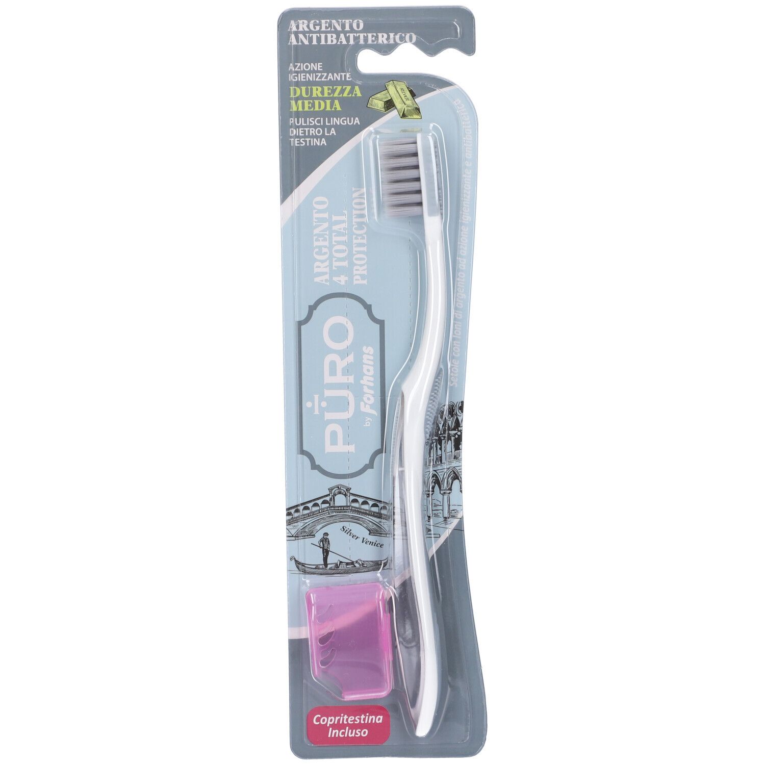 Forhans Puro Zahnbürste in Blisterverpackung. Weißer Griff, graue Borsten, rosa Schutzkappe. Text: Puro by Forhans, Argento 4 Total Protection, Härtegrad Medium.