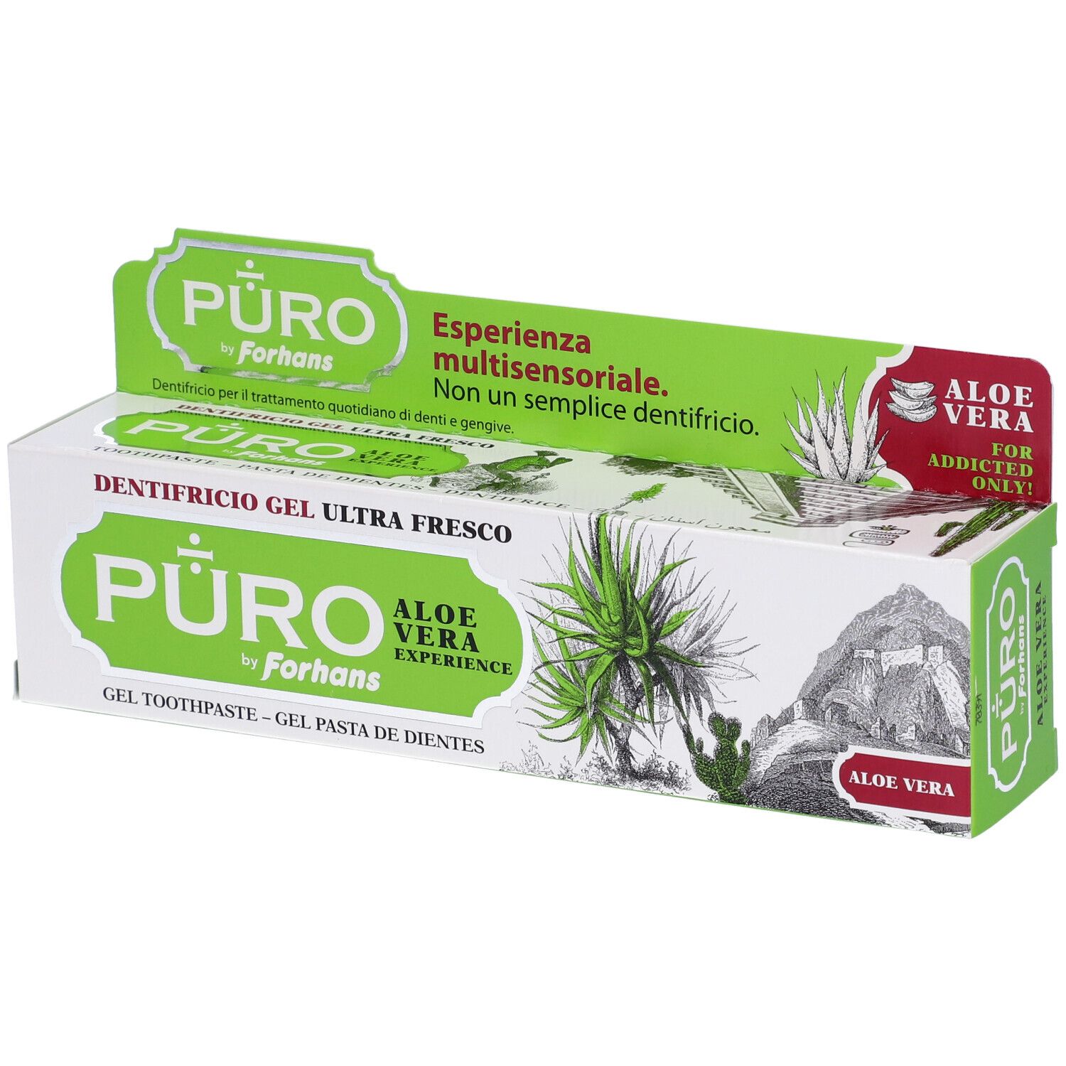 Zahnpasta-Verpackung. Grün-weiß. Aufschrift: PURO by Forhans, Aloe Vera. Gel Zahnpasta. Aloe Vera Experience.