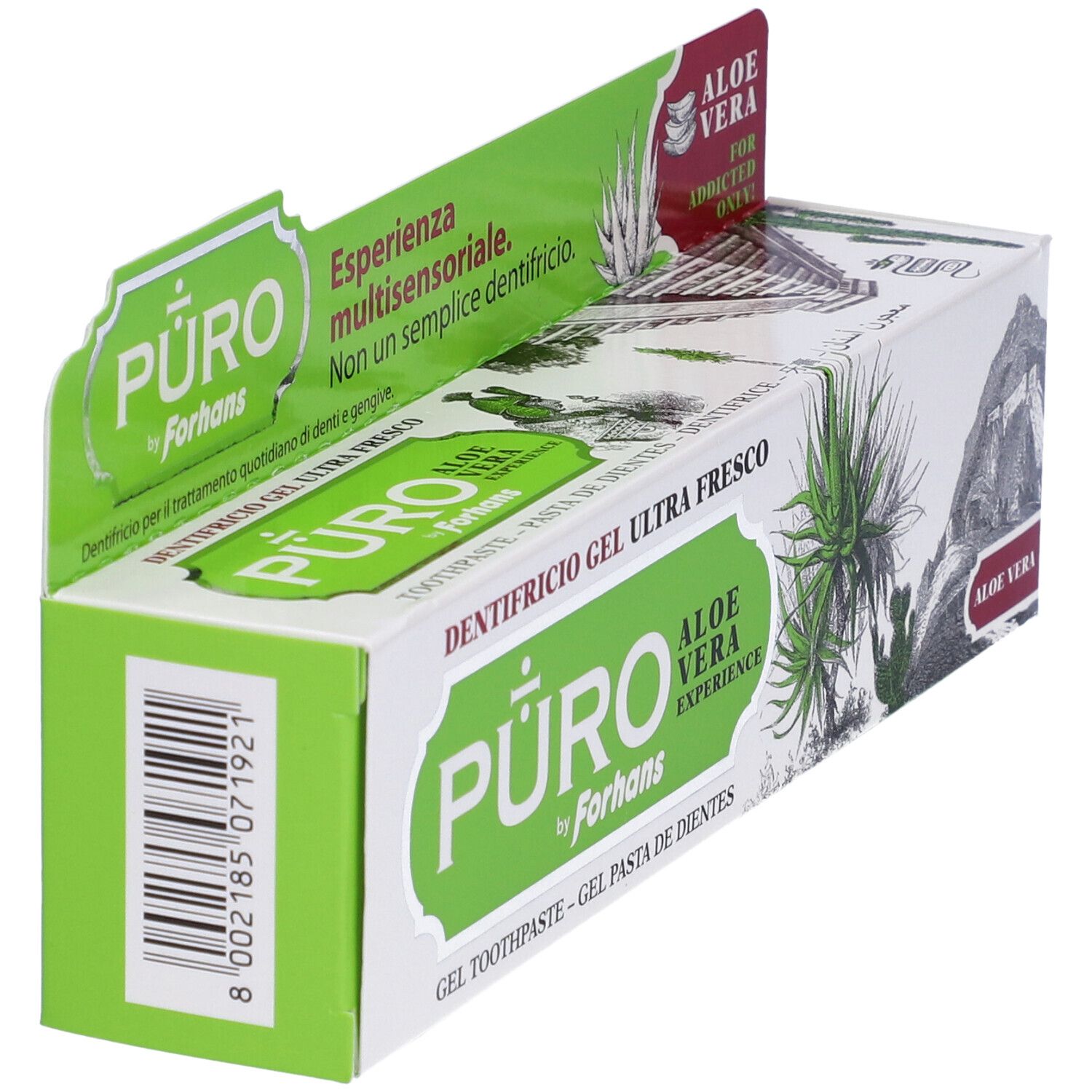 Zahnpasta-Verpackung. Grün-weiß. Aufschrift: PURO by Forhans, Aloe Vera. Gel Zahnpasta. Aloe Vera Experience.