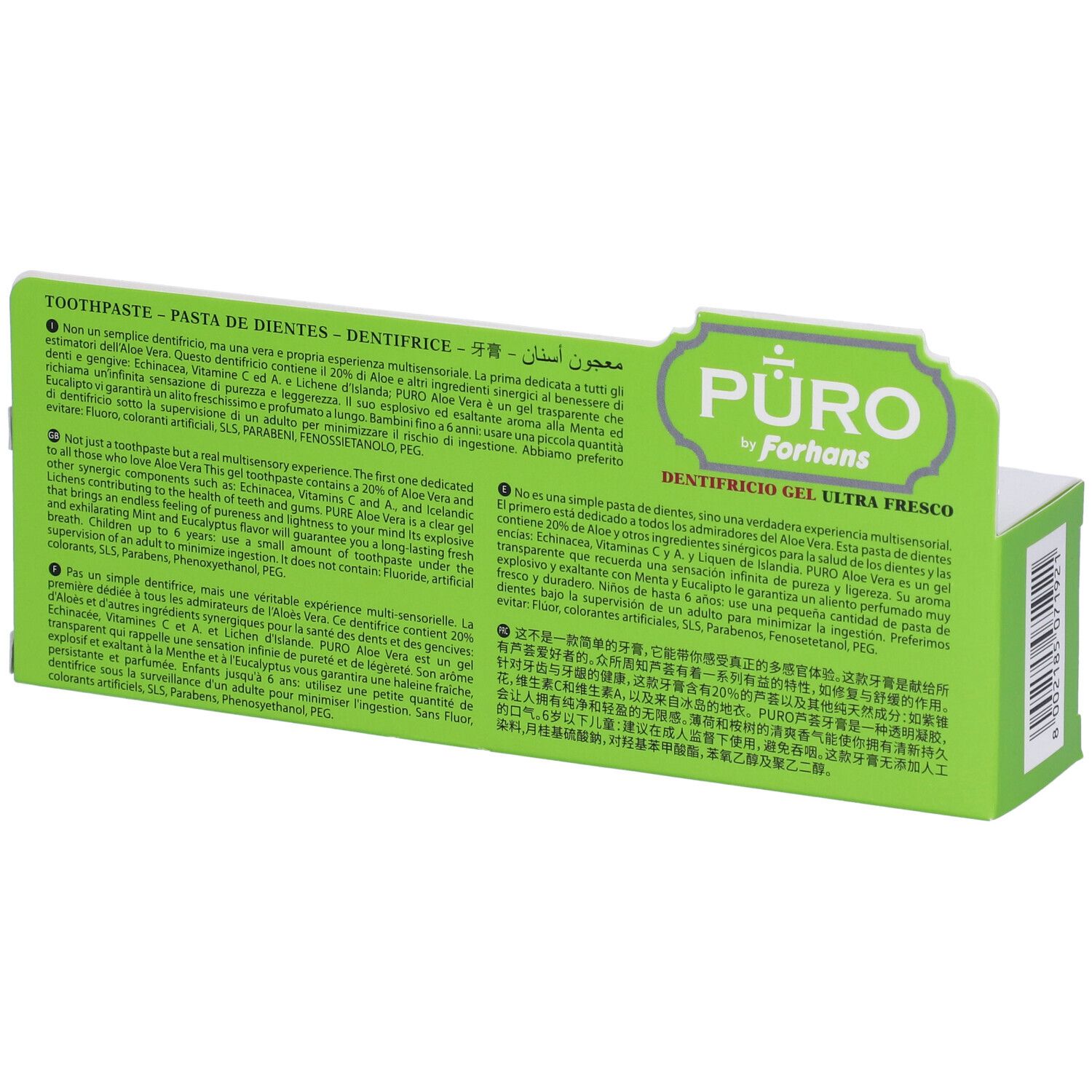 Rückseite der Zahnpasta-Verpackung. Grün-weiß. Text in mehreren Sprachen. Aufschrift: PURO by Forhans, Gel Zahnpasta.