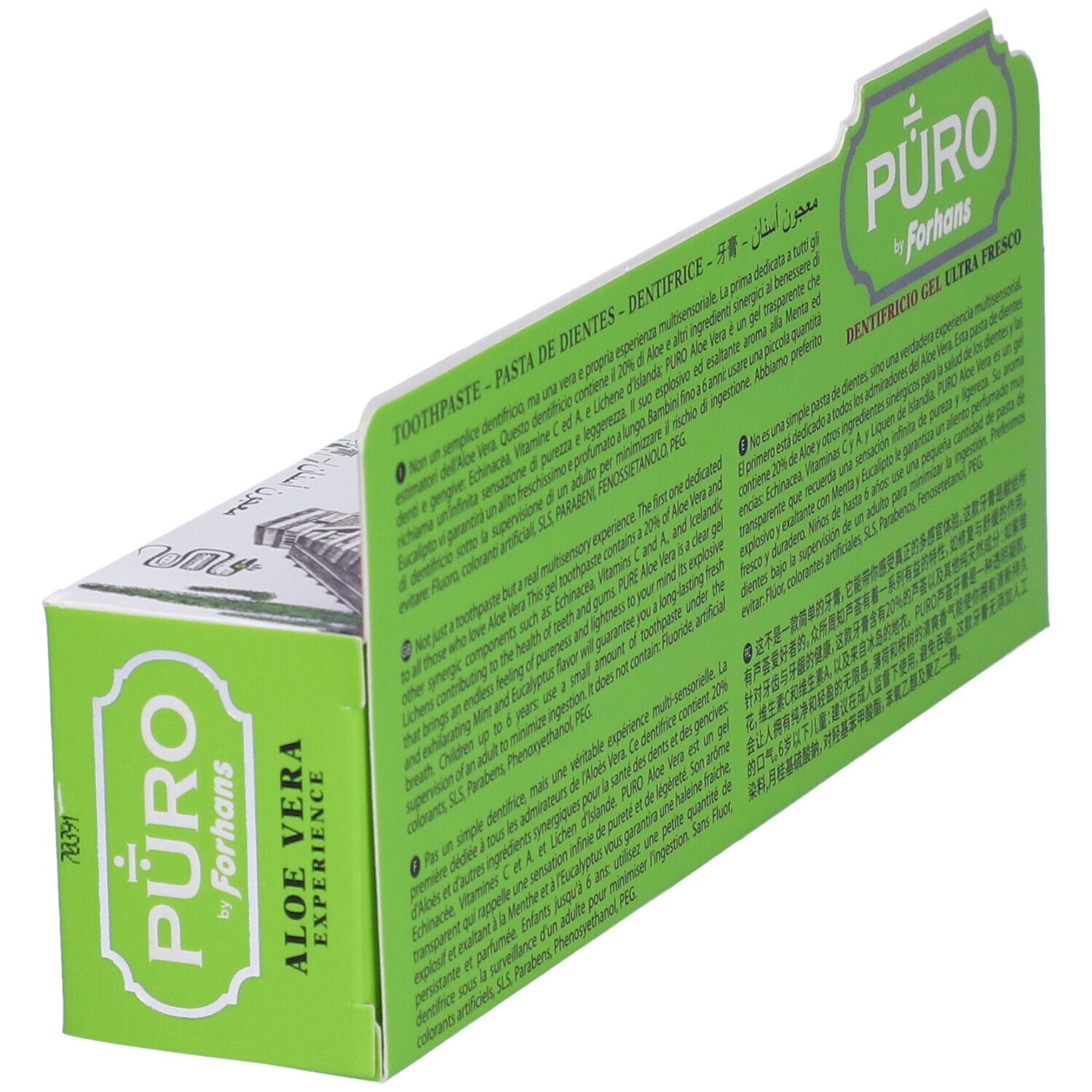 Schräge Ansicht der Zahnpasta-Verpackung. Grün-weiß. Text in mehreren Sprachen. Aufschrift: PURO by Forhans, Gel Zahnpasta.