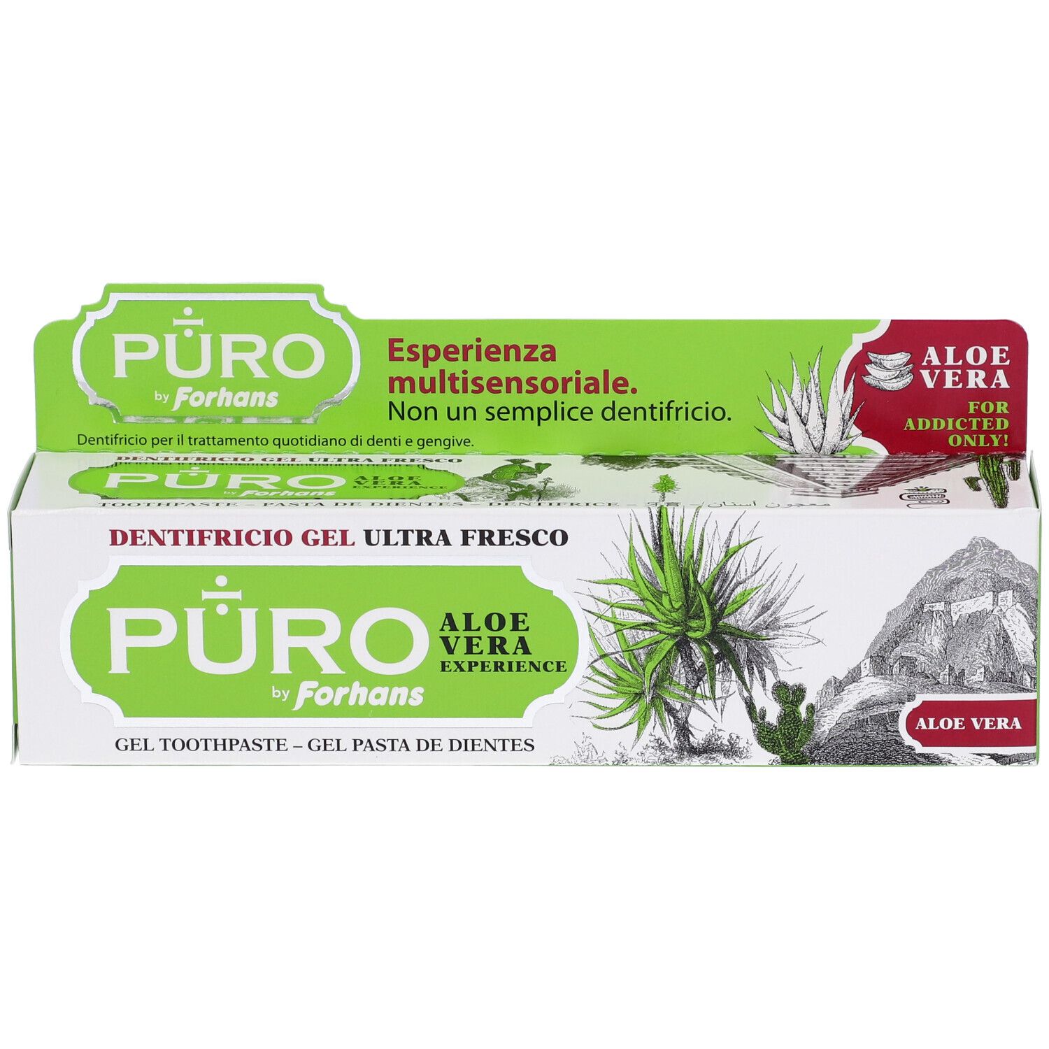 Zahnpasta-Verpackung. Grün-weiß. Aufschrift: PURO by Forhans, Aloe Vera. Gel Zahnpasta. Aloe Vera Experience.