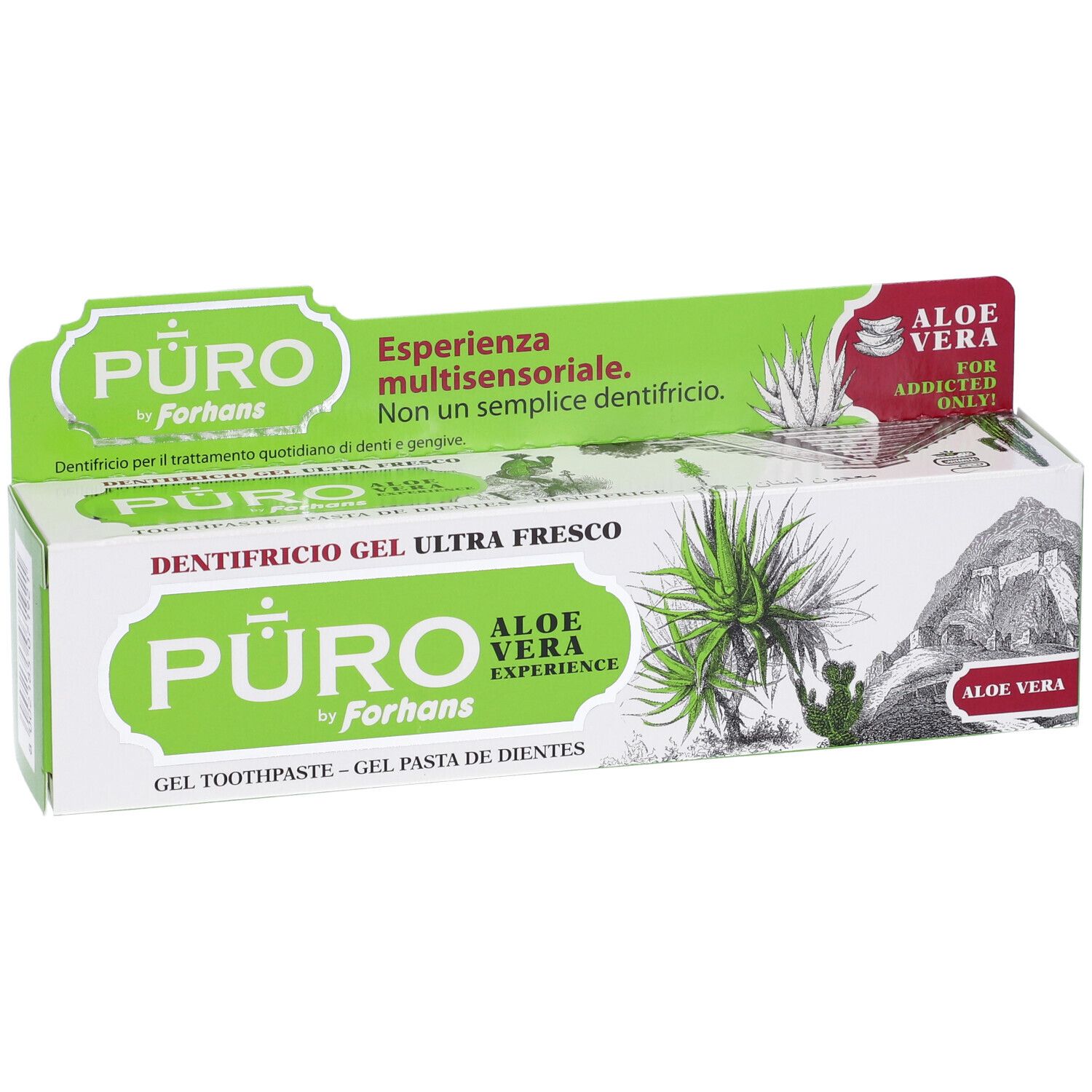 Zahnpasta-Verpackung. Grün-weiß. Aufschrift: PURO by Forhans, Aloe Vera. Gel Zahnpasta. Aloe Vera Experience.