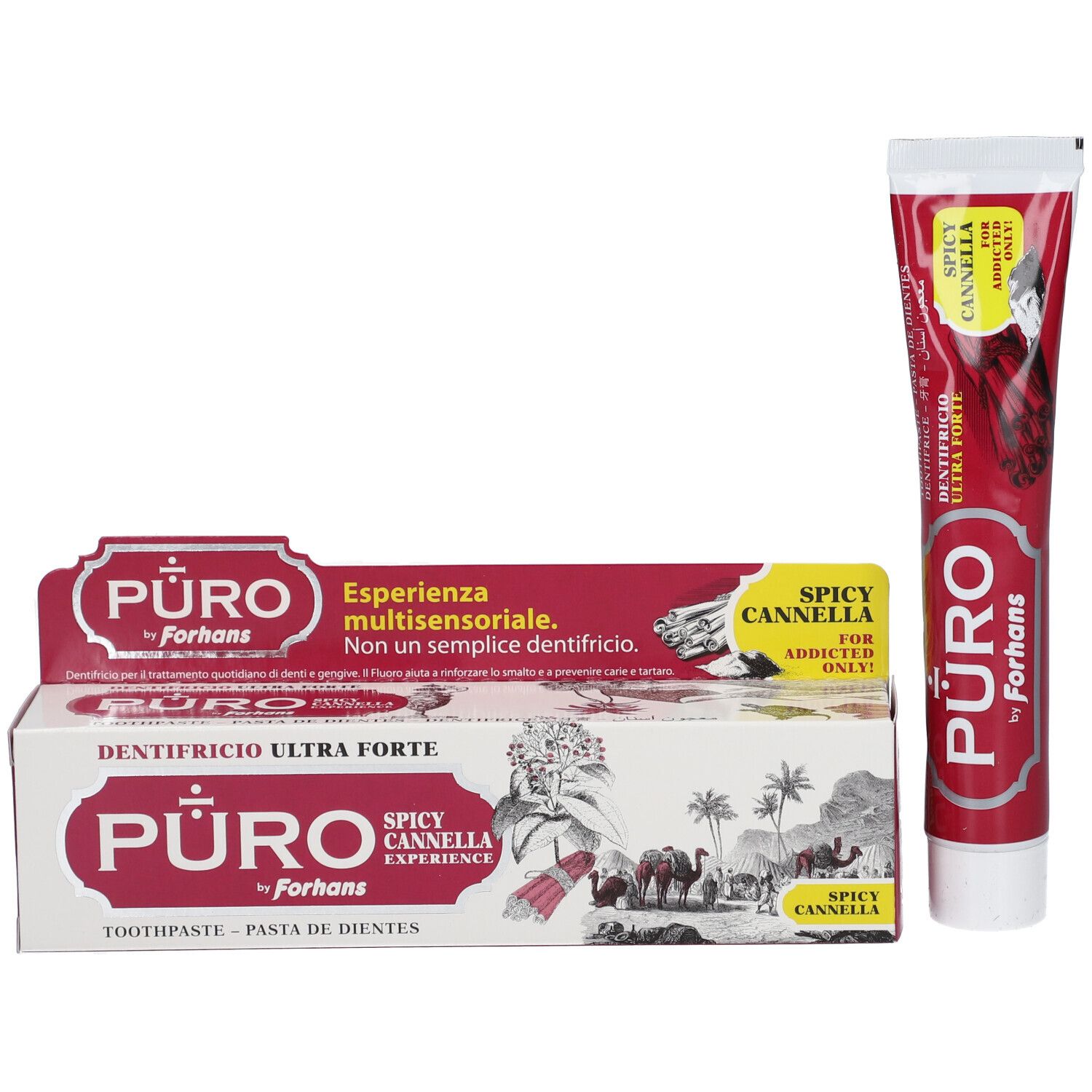 Zahnpasta-Tube und -Verpackung. Marke: Puro by Forhans. Sorte: Spicy Cannella. Ultra Forte. Rosa und Weiß.