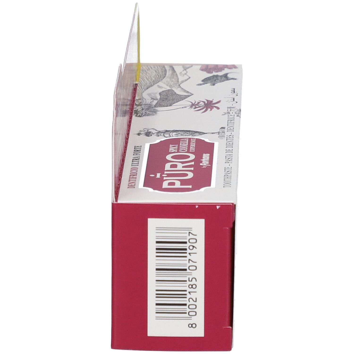 Seitenansicht der Zahnpasta-Verpackung. Marke: Puro by Forhans. Sorte: Spicy Cannella. Ultra Forte. Rosa.