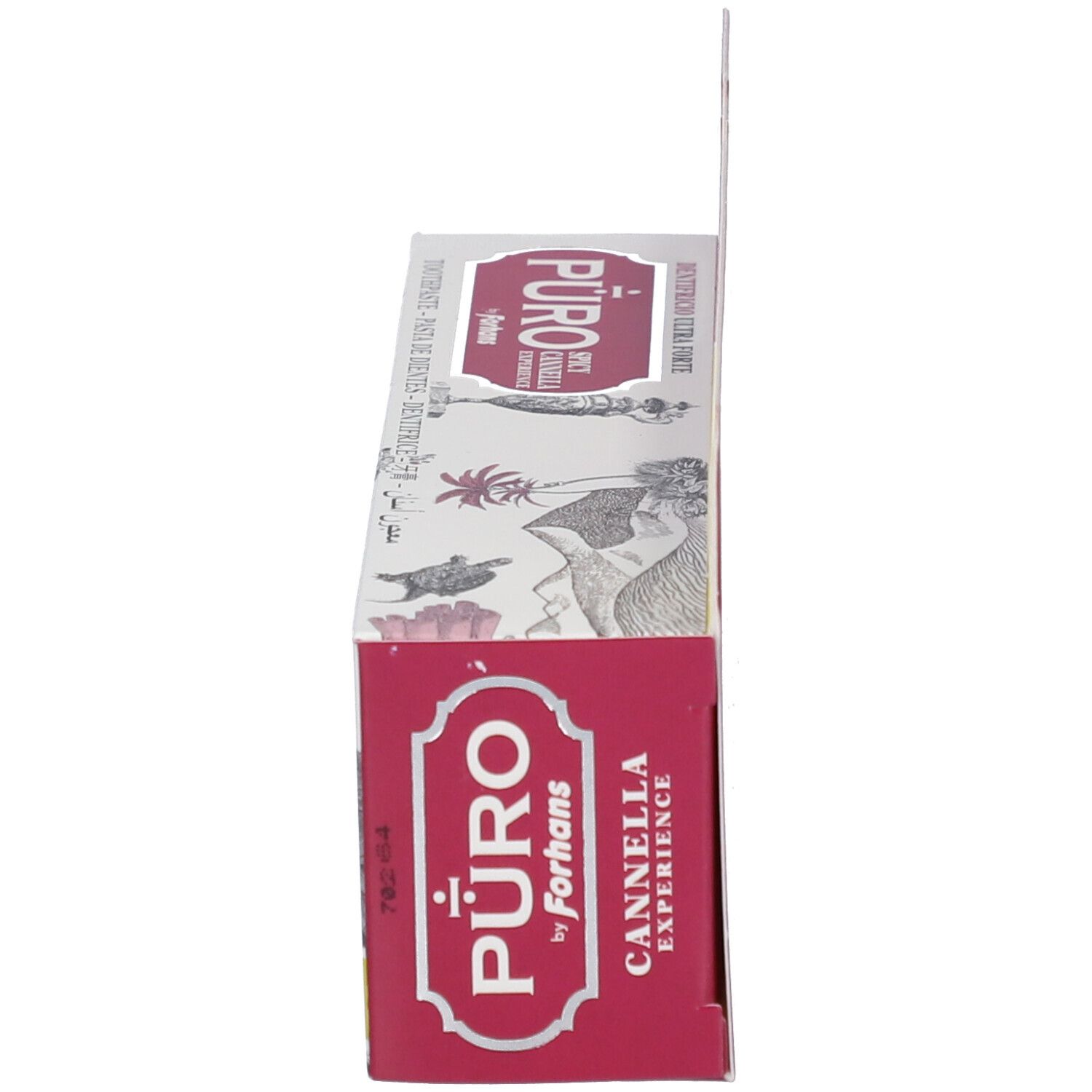 Seitenansicht der Zahnpasta-Verpackung. Marke: Puro by Forhans. Sorte: Spicy Cannella. Ultra Forte. Rosa.