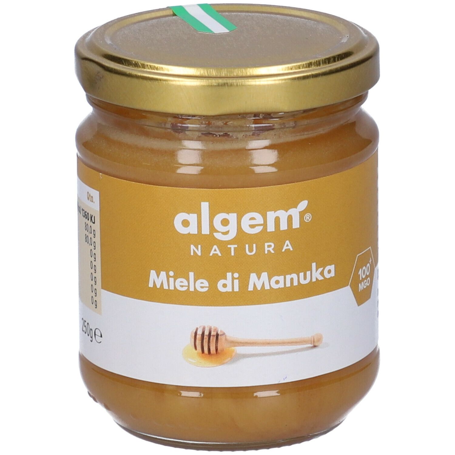 Barattolo di miele "Algem Natura Miele di Manuka". Etichetta con cucchiaino e goccia di miele. 250g. Adesivo verde sul coperchio.