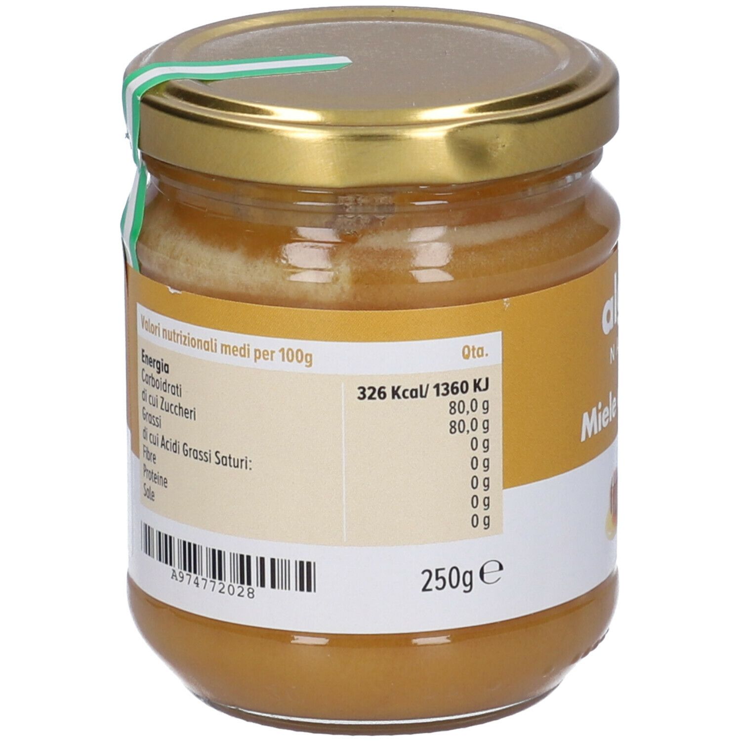Barattolo di miele. Informazioni nutrizionali e codice a barre. Adesivo verde sul coperchio. 250g.