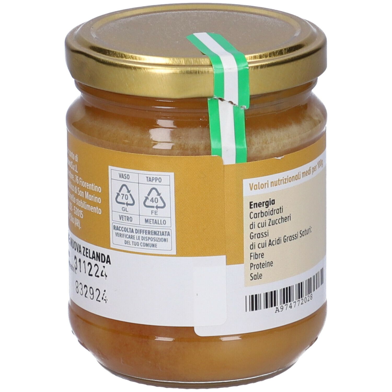 Barattolo di miele. Informazioni sullo smaltimento e sull'origine. Adesivo verde sul coperchio. 250g.