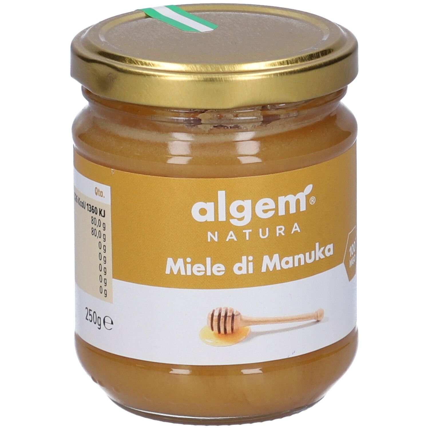 Barattolo di miele "Algem Natura Miele di Manuka". Adesivo verde sul coperchio. 250g.