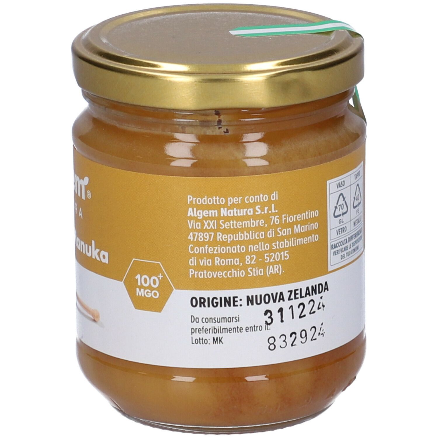 Barattolo di miele. Origine Nuova Zelanda. Adesivo verde sul coperchio. 250g.