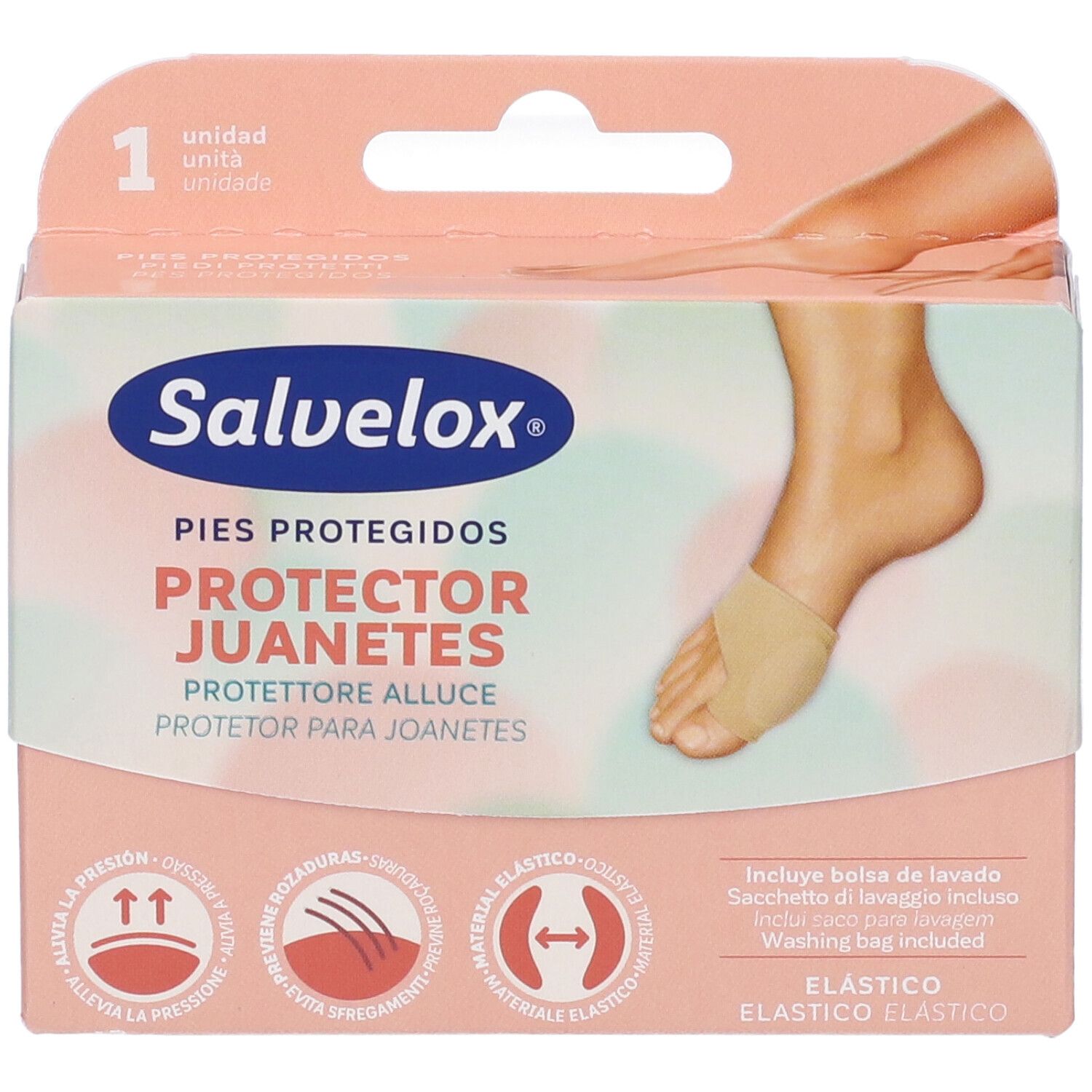 Vista frontale della confezione Salvelox Protettore Alluce. Scatola rosa e bianca con immagine e testo. Mostra un protettore per alluce.