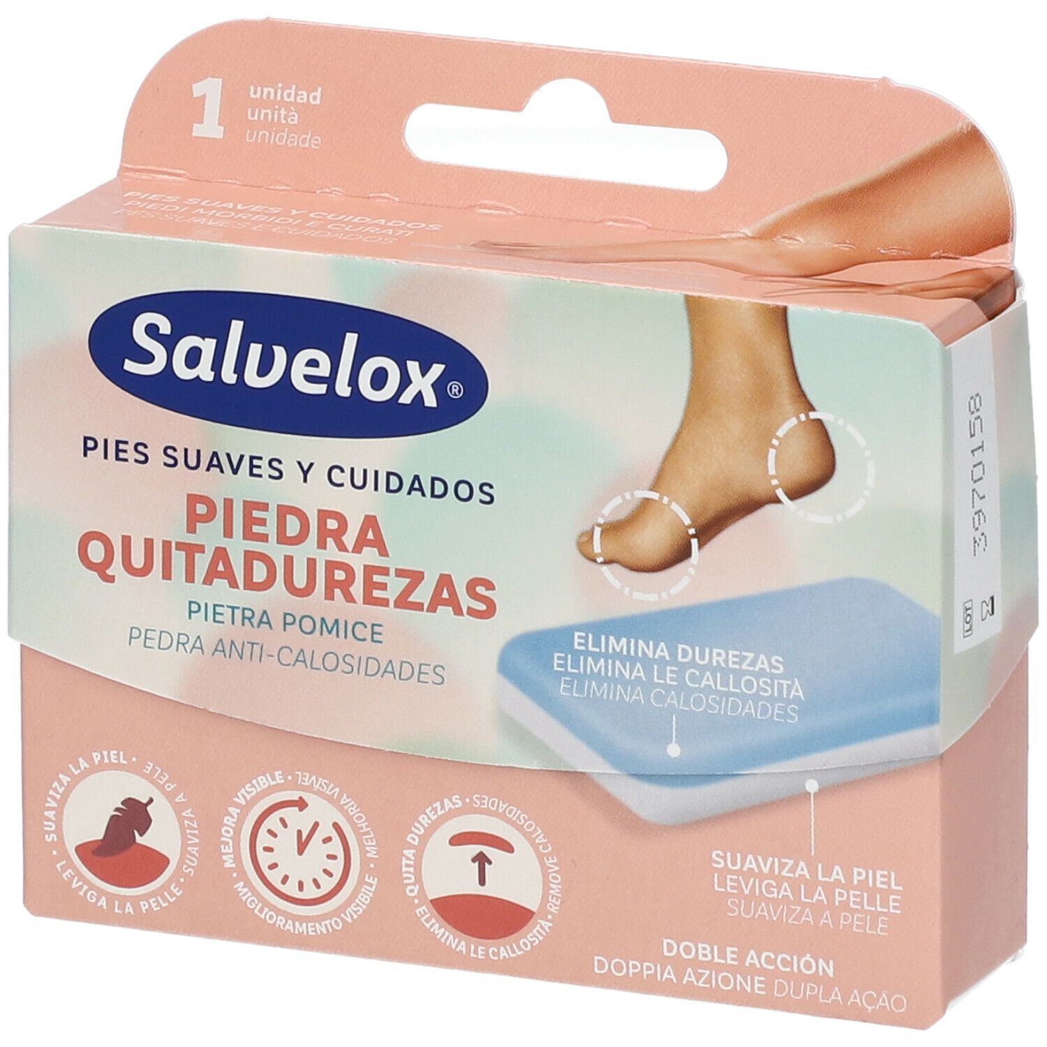 Confezione Salvelox Pietra Pomice. Scatola rosa e bianca con immagine del prodotto e piede.