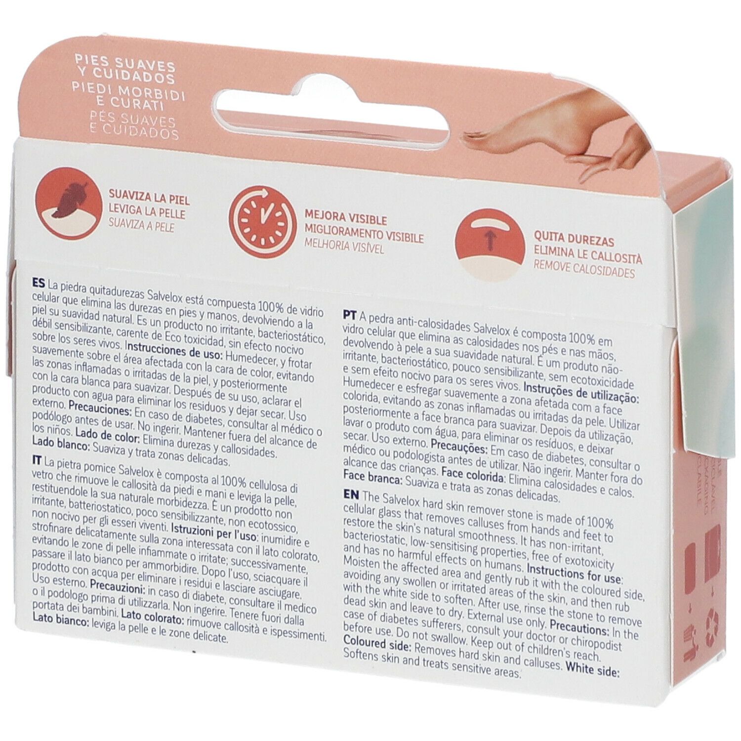 Retro della confezione Salvelox Pietra Pomice. Testo multilingue, immagine del prodotto.