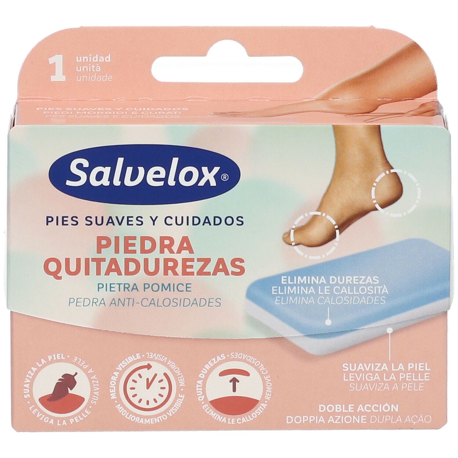 Confezione Salvelox Pietra Pomice. Scatola rosa e bianca con immagine del prodotto e piede.