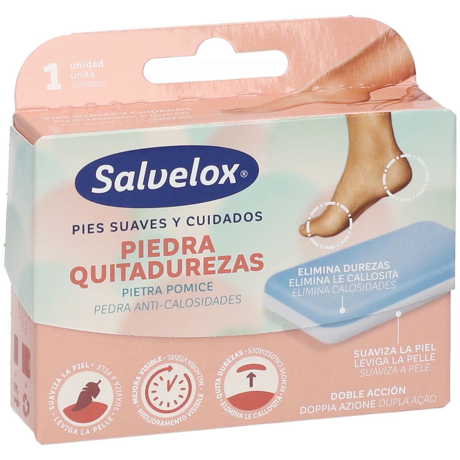 Confezione Salvelox Pietra Pomice. Scatola rosa e bianca con immagine del prodotto e piede.
