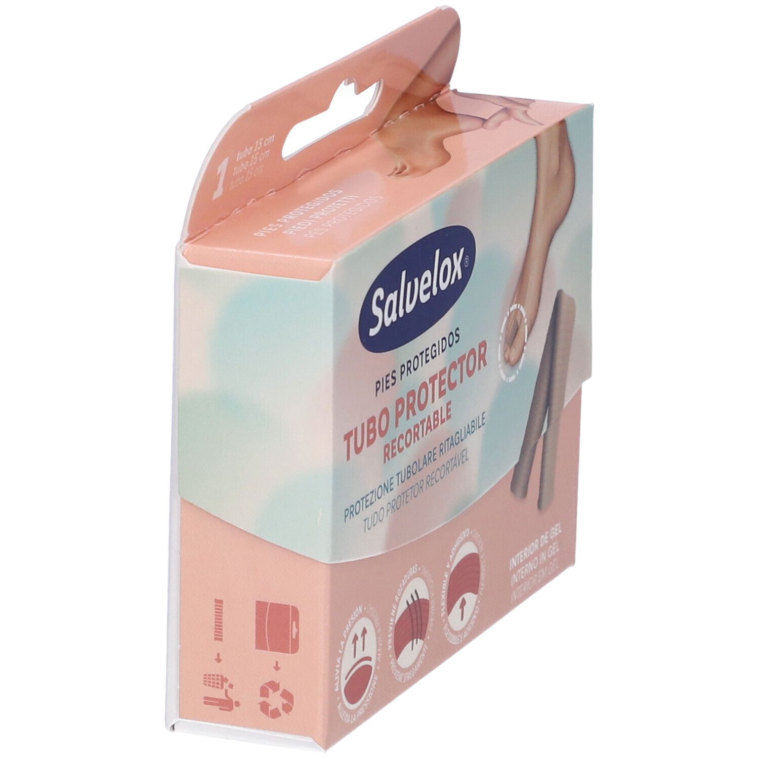 Vista angolata della confezione Salvelox Tubo Protector. Nome del prodotto e illustrazioni su sfondo rosa e beige.