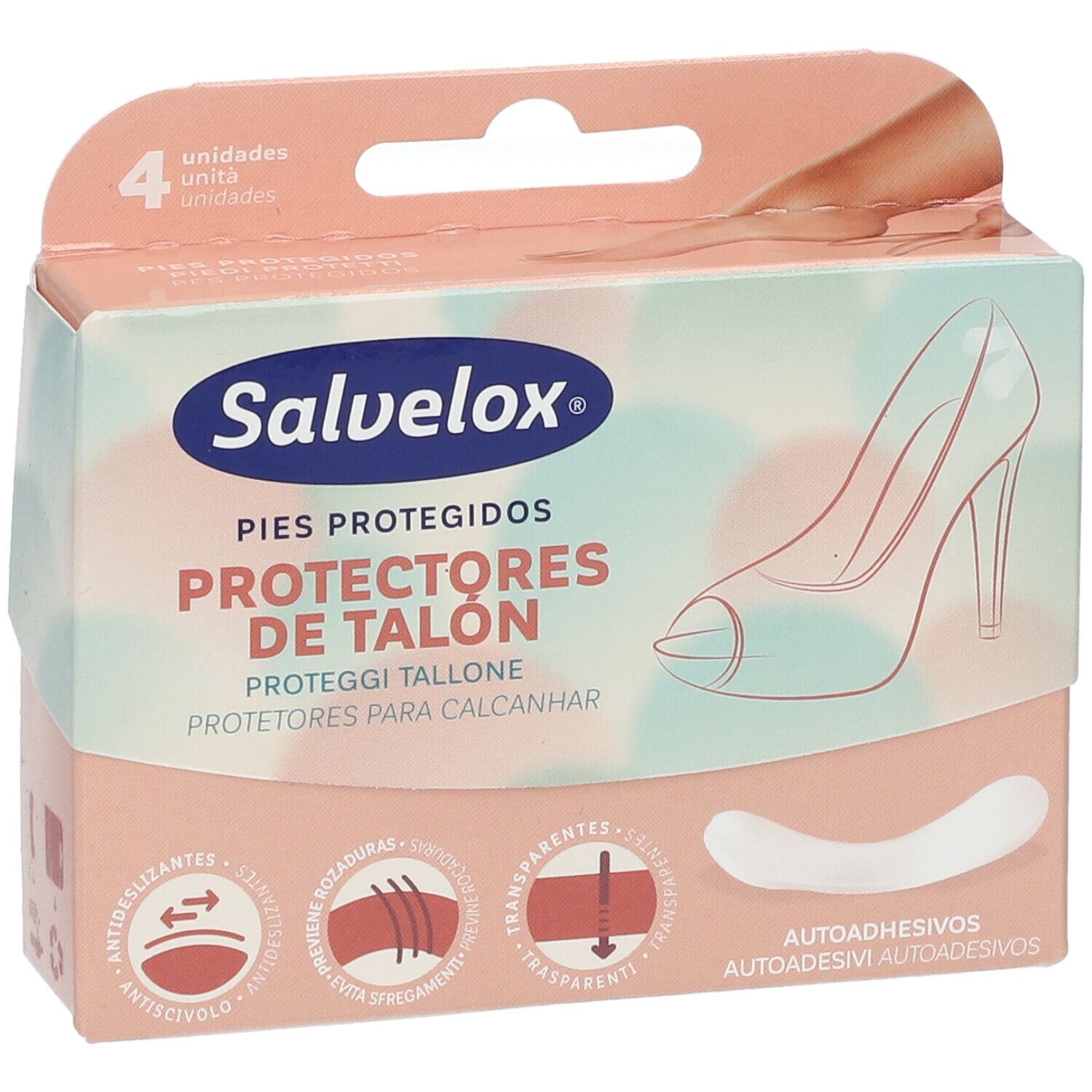 Confezione Salvelox Proteggi Tallone, 4 unità. Scritto: Protettori de Talón, trasparenti, autoadesivi. Primo piano.
