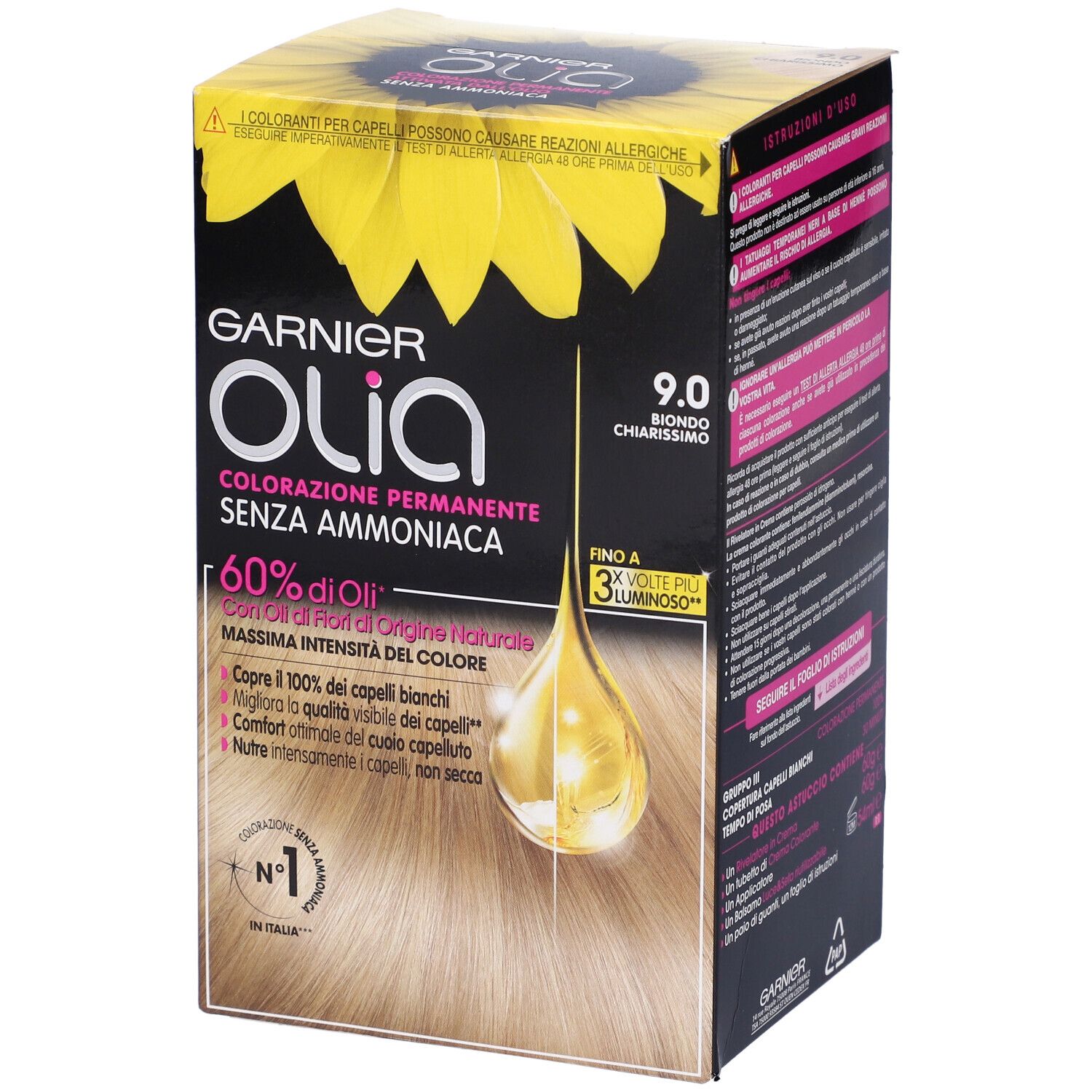 Confezione Garnier Olia 9.0, Biondo Chiarissimo. Scatola con logo, dettagli prodotto e goccia d'olio.