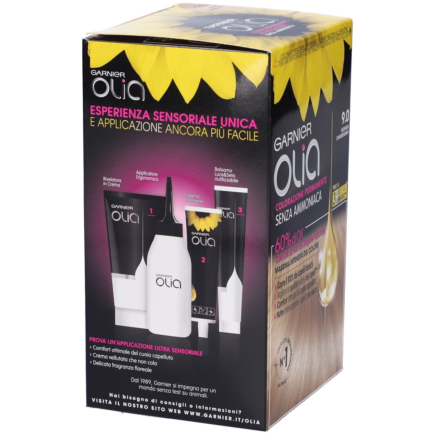 Confezione Garnier Olia. Immagini dei componenti: rivelatore, applicatore, balsamo.
