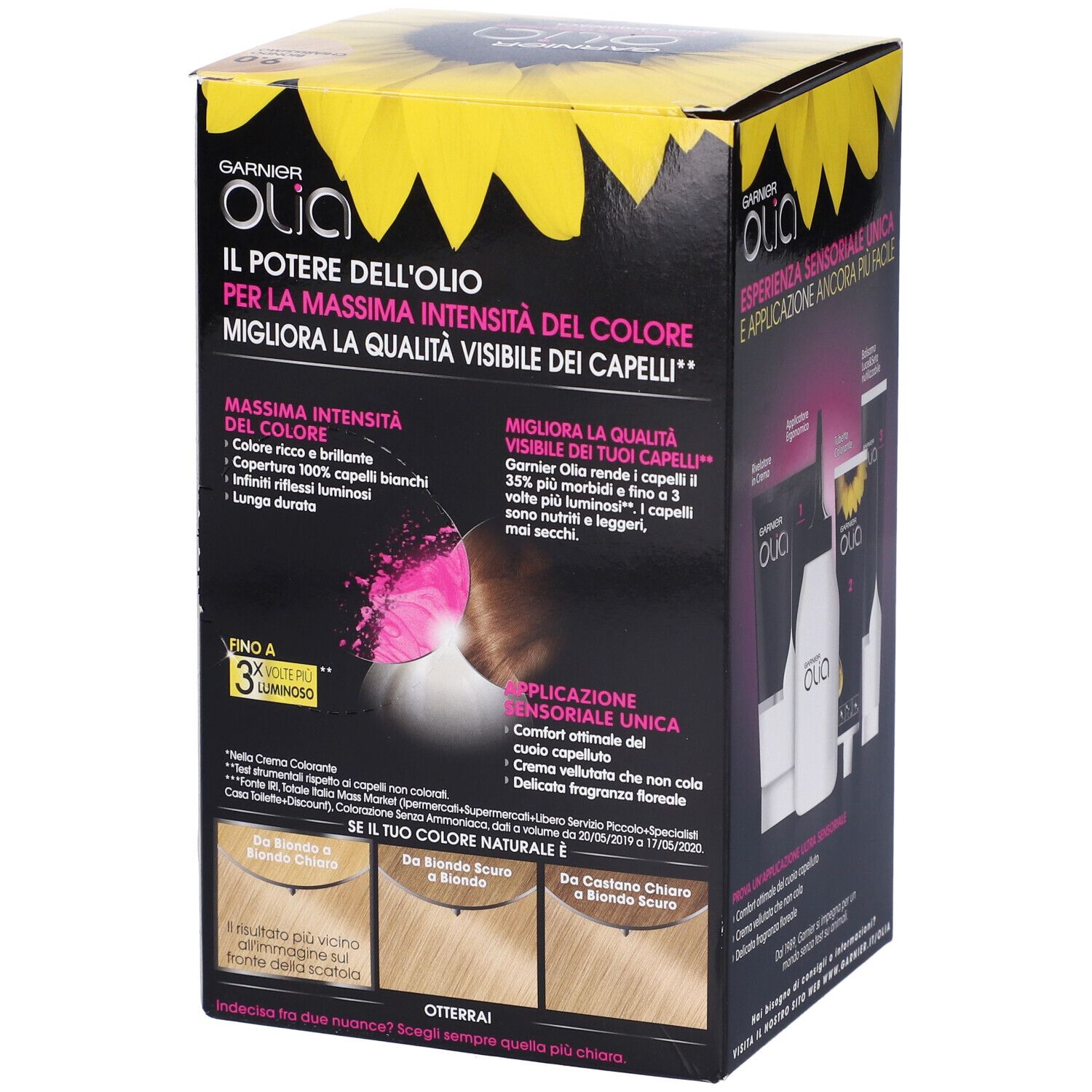 Retro della confezione Garnier Olia. Informazioni sul prodotto e risultati colore.
