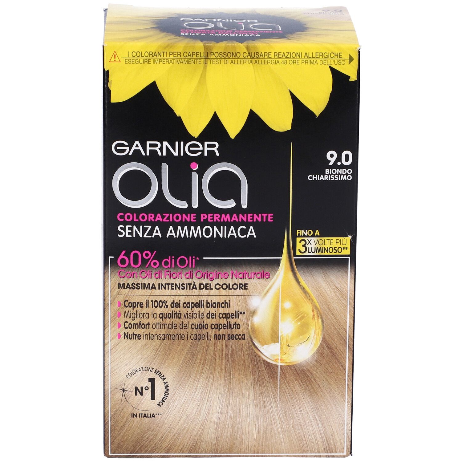 Confezione Garnier Olia 9.0, Biondo Chiarissimo. Scatola con logo, dettagli prodotto e goccia d'olio.